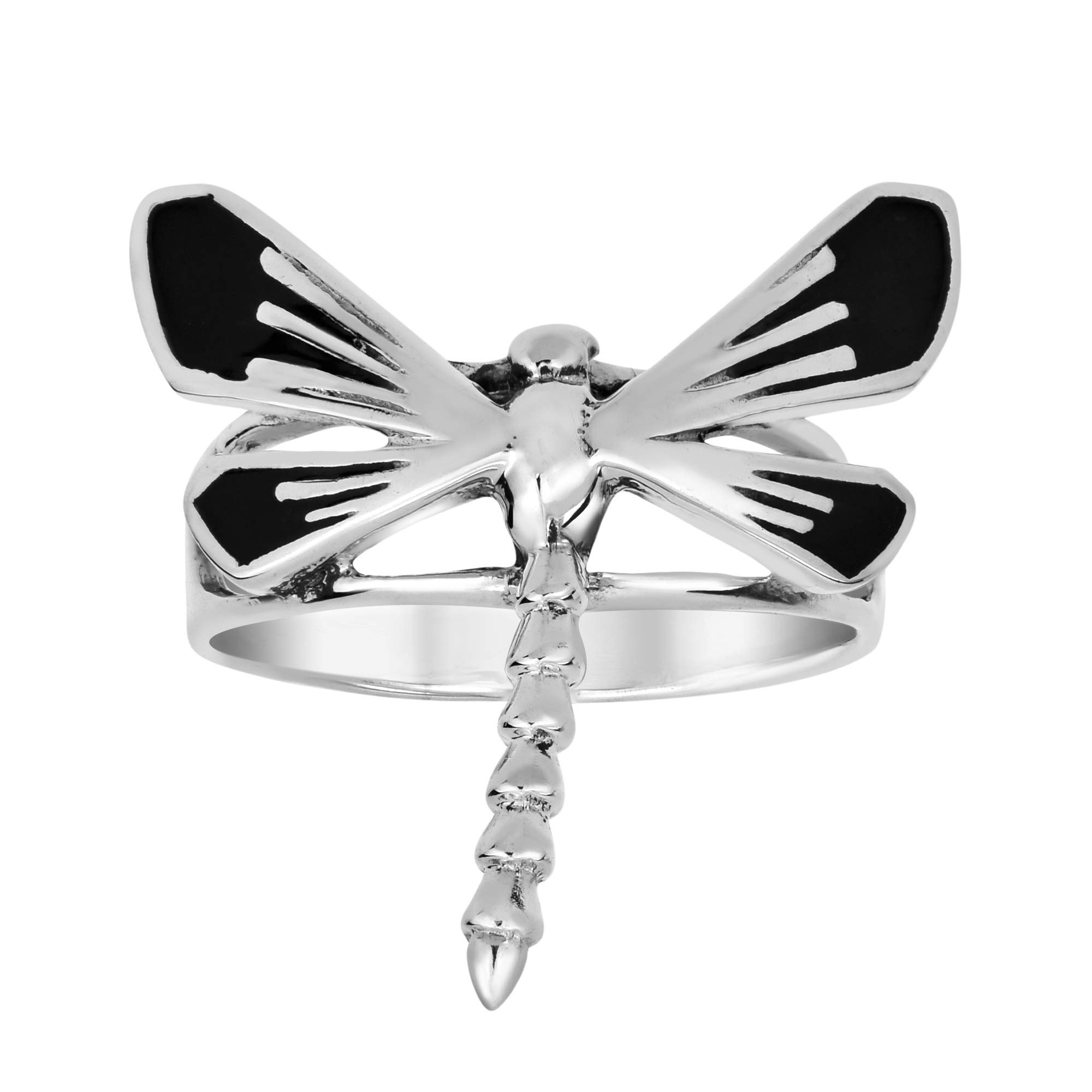 AeraVida Whimsical Dragonfly Simulated Black Onyx Inlay Wings .925 Sterling Silver Ring for Women | Size 6-10 | Elegant Wedding Band, Trendy Comfort Fit Jewelry | Perfect Gift for Daughter, Wife, Girlfriend | Ideal for Everyday Wear, Special Occasions & Romantic Dates