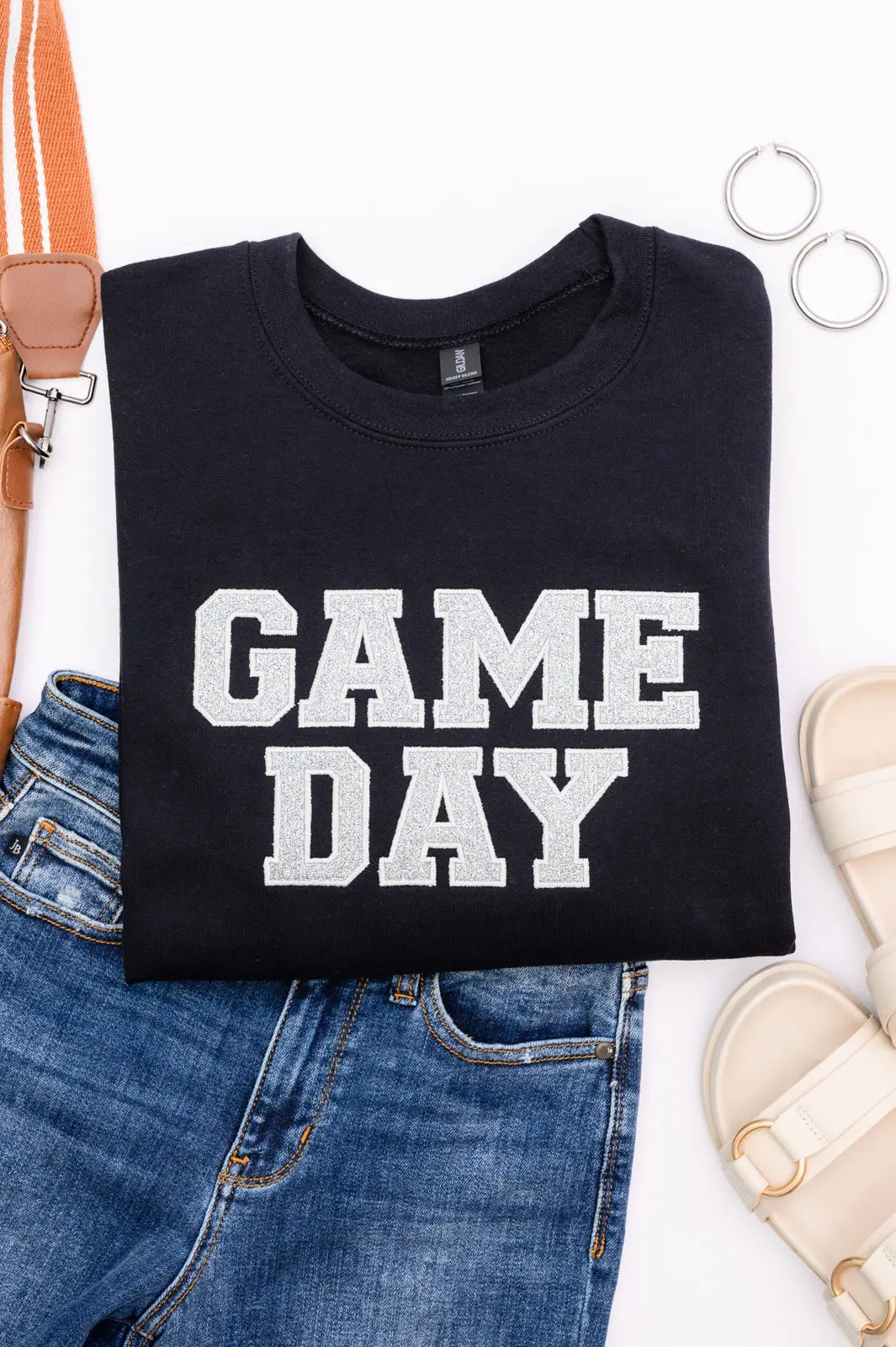 PREORDER: Embroidered Glitter Game Day Sweatshirt - Black/Silver | Comfortable Pullover for Football, Basketball & Tailgate Parties