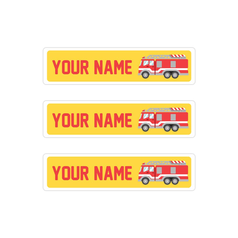 Peel & Stick Waterproof Name Labels - 36 Customizable Firetruck Design Labels for Kids | Durable Personalized Stickers for School Supplies, Lunch Boxes & Water Bottles