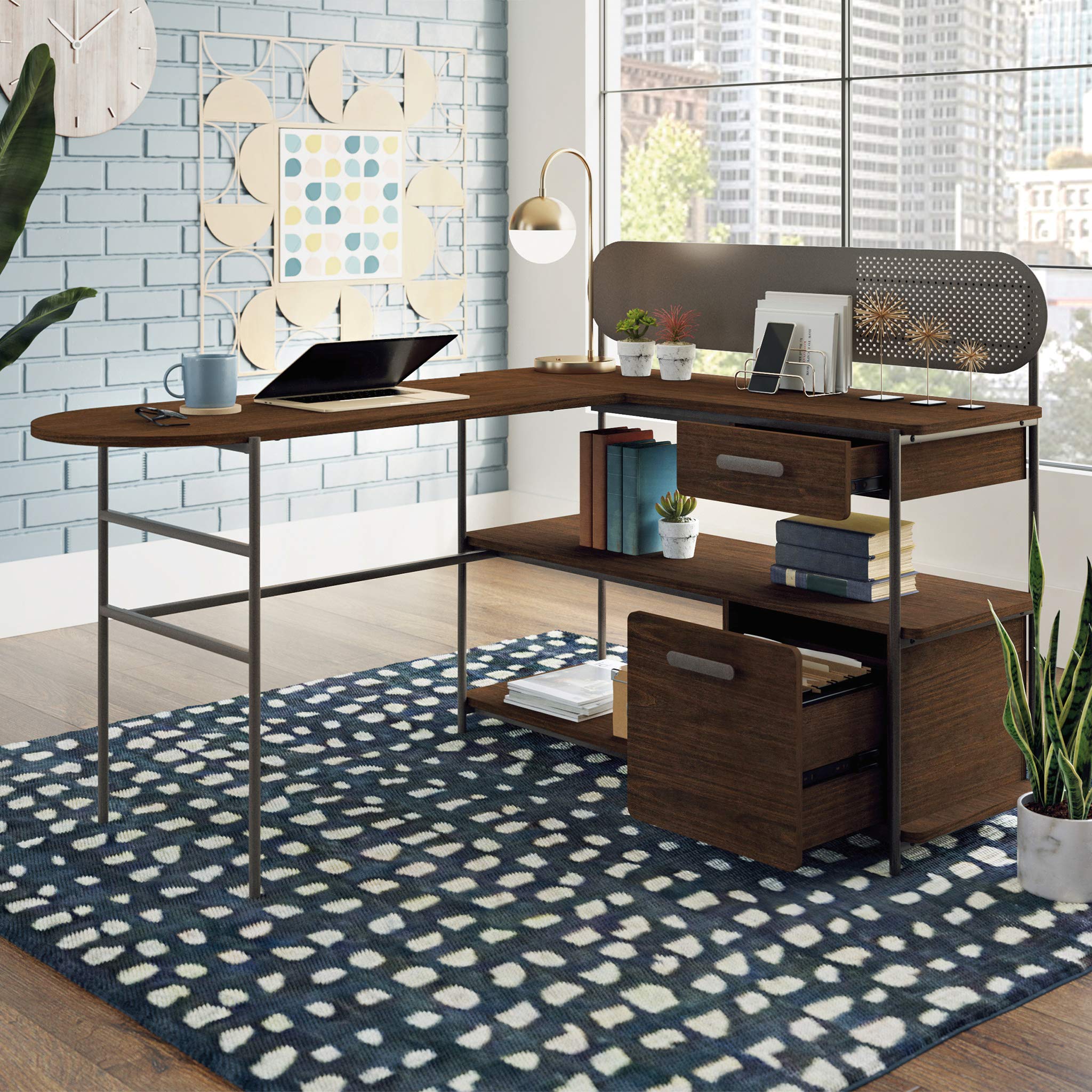 Sauder Radial Modern L-Shaped Desk - Metal & Wood Construction, Umber Finish | Home Office, Study, Gaming & Workspace Solution