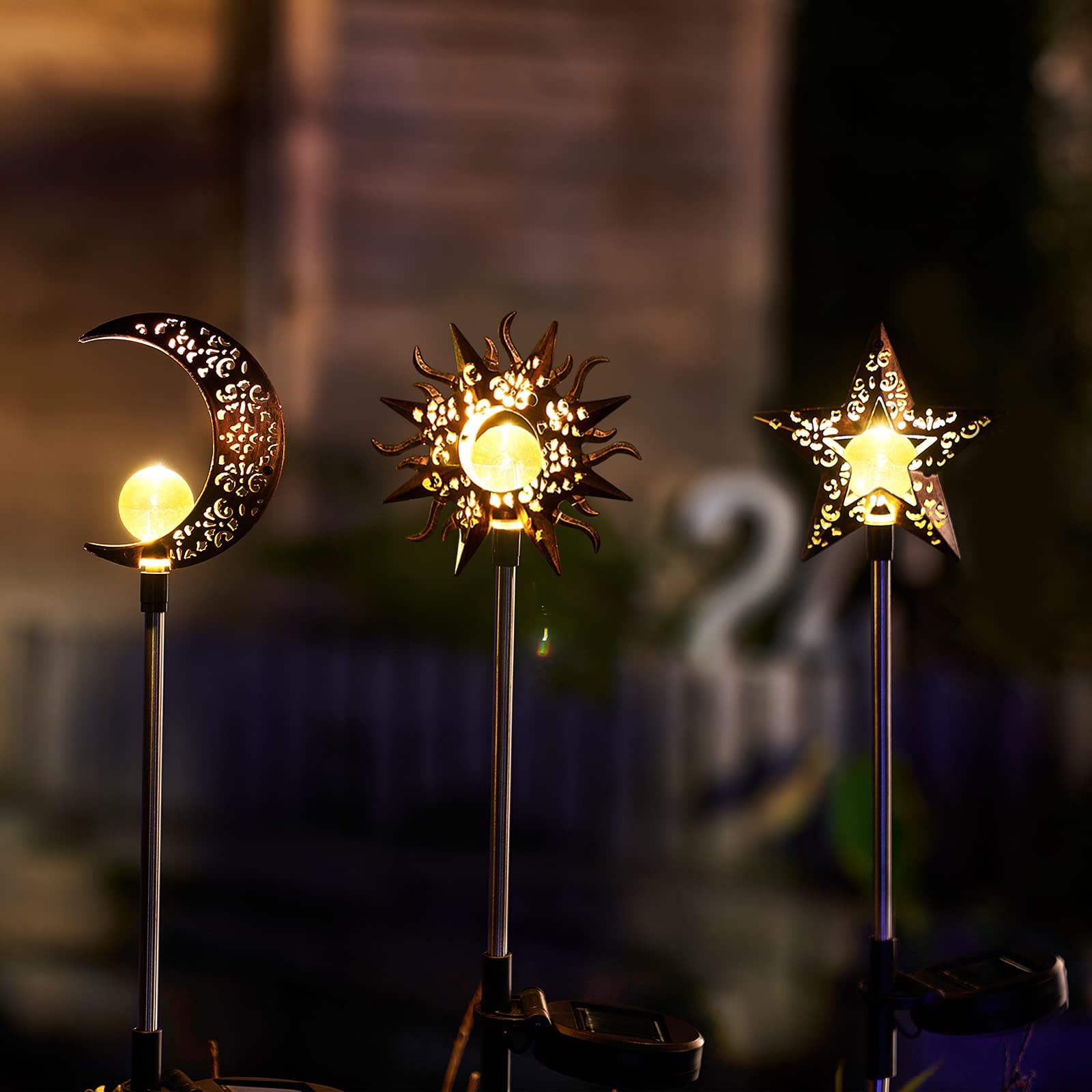 Solar Lights Outdoor Garden Decorations - Waterproof Warm White LED Stake Lights for Pathway, Lawn, Patio & Backyard | Sun Moon Star Design | Perfect for Courtyard, Yard & Landscape Lighting at Night
