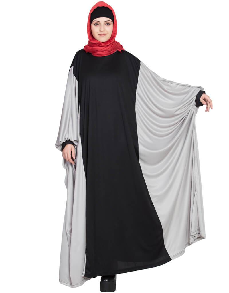 Elegant Arabic Kaftan Style Contrast Black Grey Iranian Abaya Dress - Perfect for Eid, Ramadan & Special Occasions