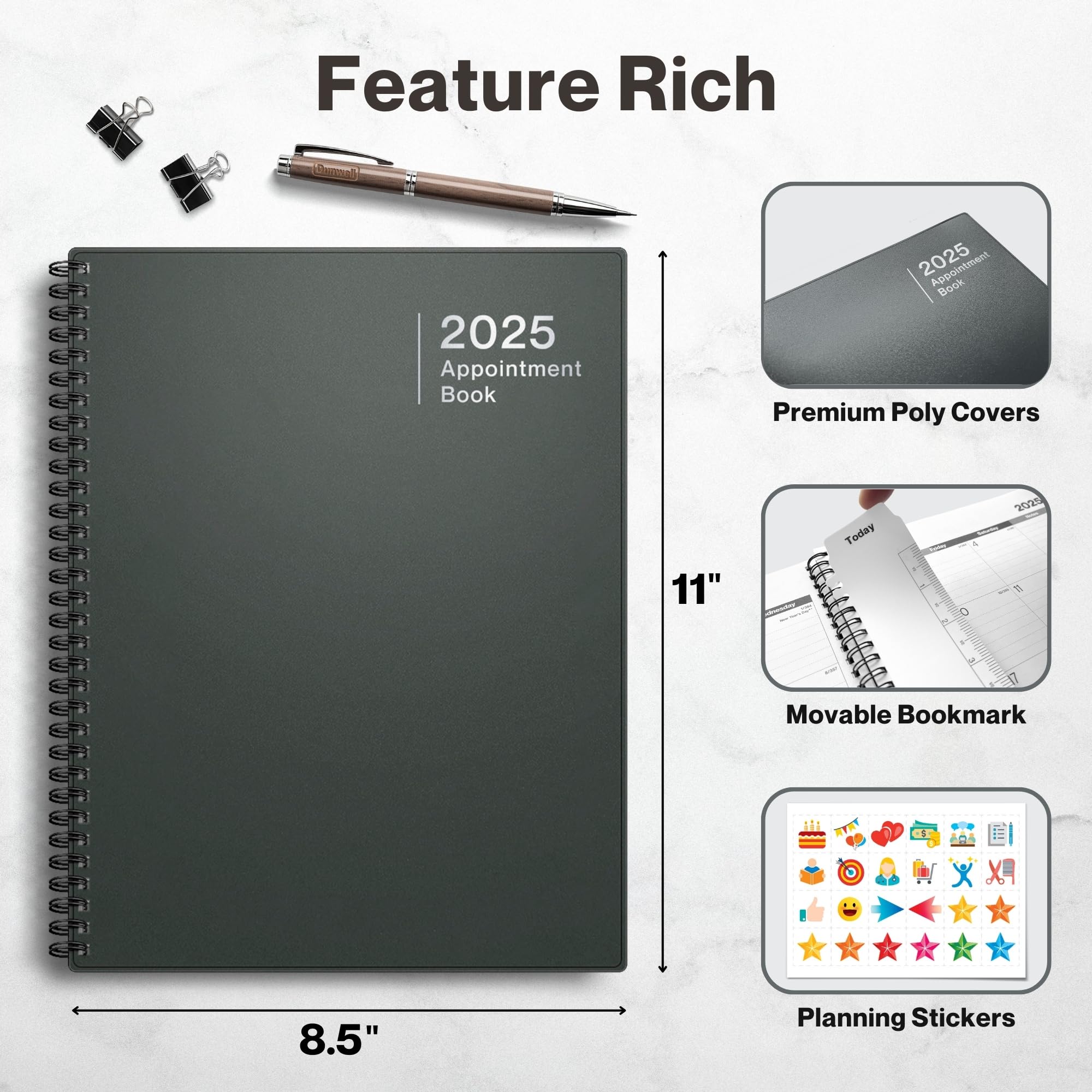 Dunwell 2025 Large Appointment Book - 8.5x11 Gray Weekly Planner with Monthly Tabs | 15-Minute Time Slots for Daily & Hourly Scheduling | Perfect for Office, School & Personal Organization (Jan-Dec 2025)