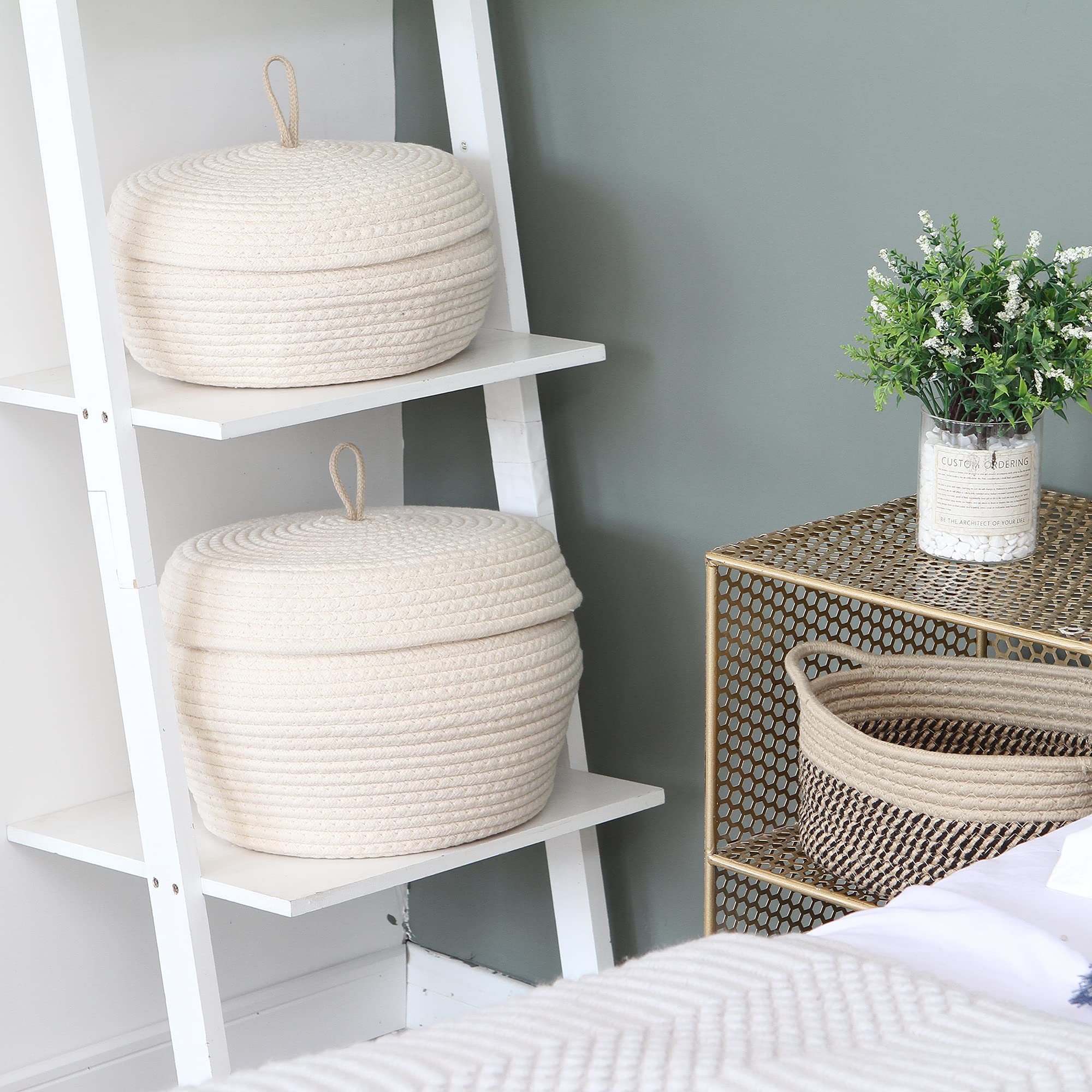 Sea Team Round Cotton Rope Storage Basket with Lid - Decorative Woven Organizer Bin for Home, Nursery & Office - Perfect for Snacks, Towels, Plants & Toys - 13 x 5.5 Inches (Large, Shallow, Cream) - Eco-Friendly Home Decor Storage Solution