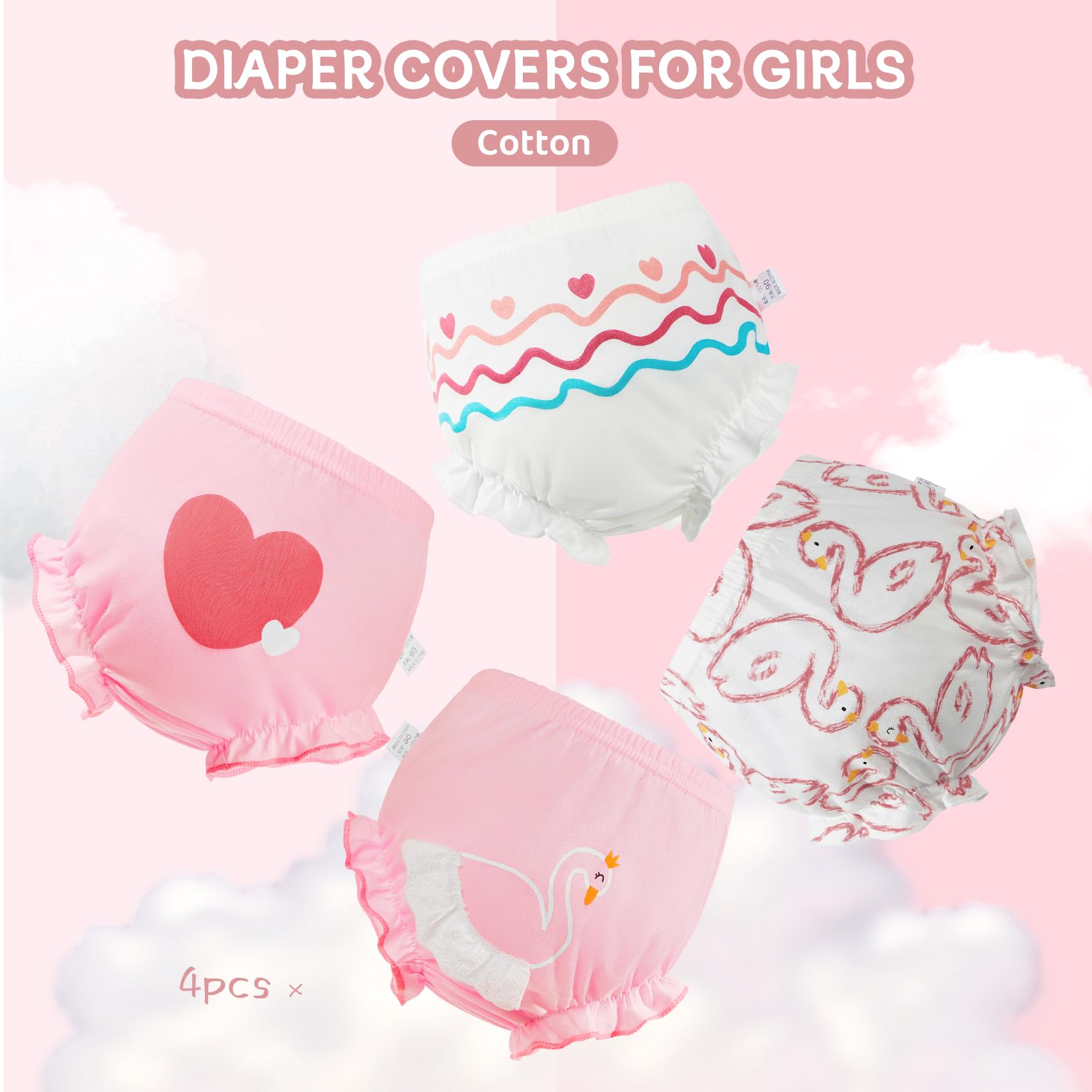 4Pcs Cute Cotton Diaper Covers for Baby Girls - Soft Bloomers with Ruffle Trim - Toddler Girl Shorts for Everyday Wear, Playtime & Photo Shoots