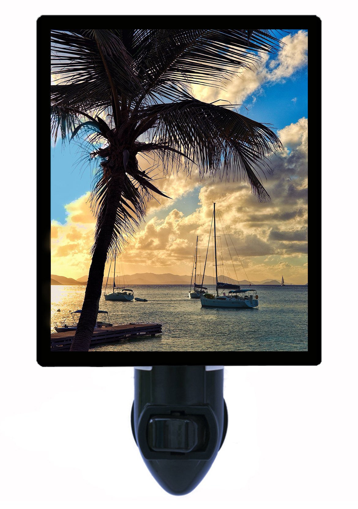 Sunset Tropical Boat & Palm Tree LED Night Light - Soothing Bedroom, Nursery, or Bathroom Nightlight for Kids and Adults