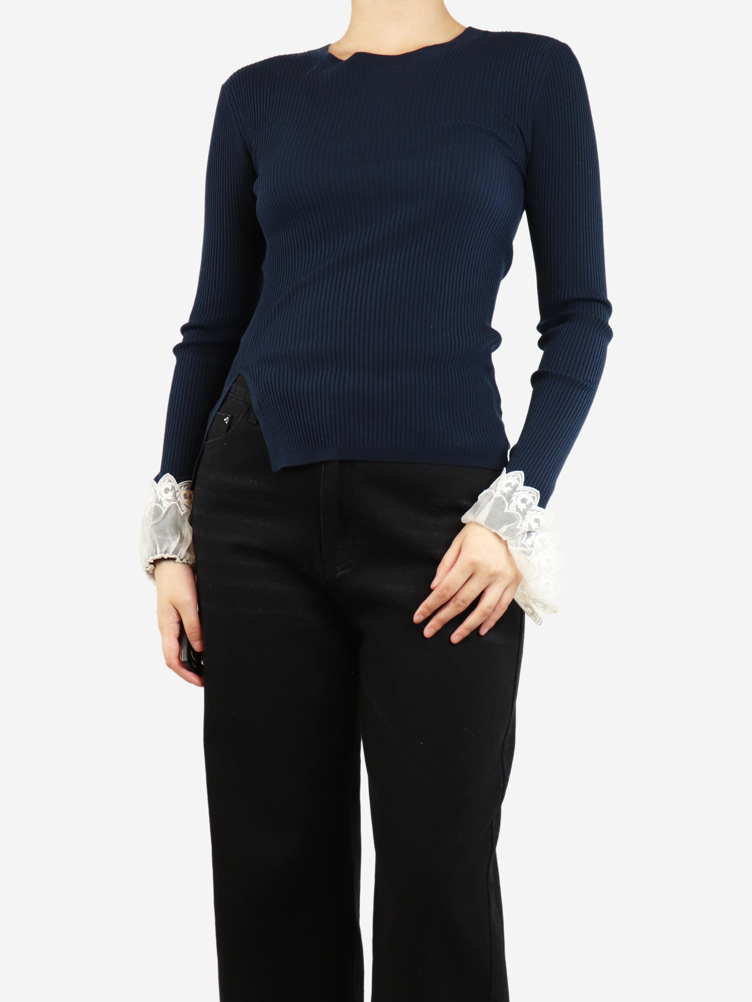 Blue Ribbed Sweater with Frilly Sleeves - Size S | Women's Fashion Knitwear for Casual Wear & Date Nights