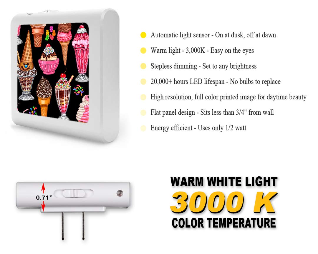 Dimmable LED Night Light with Auto On/Off Sensor - Adjustable Brightness Warm White for Bathroom, Hallway, Nursery & Bedrooms - Perfect for Kids, Elderly & Nighttime Safety - Ice Cream Design by Dan Morris