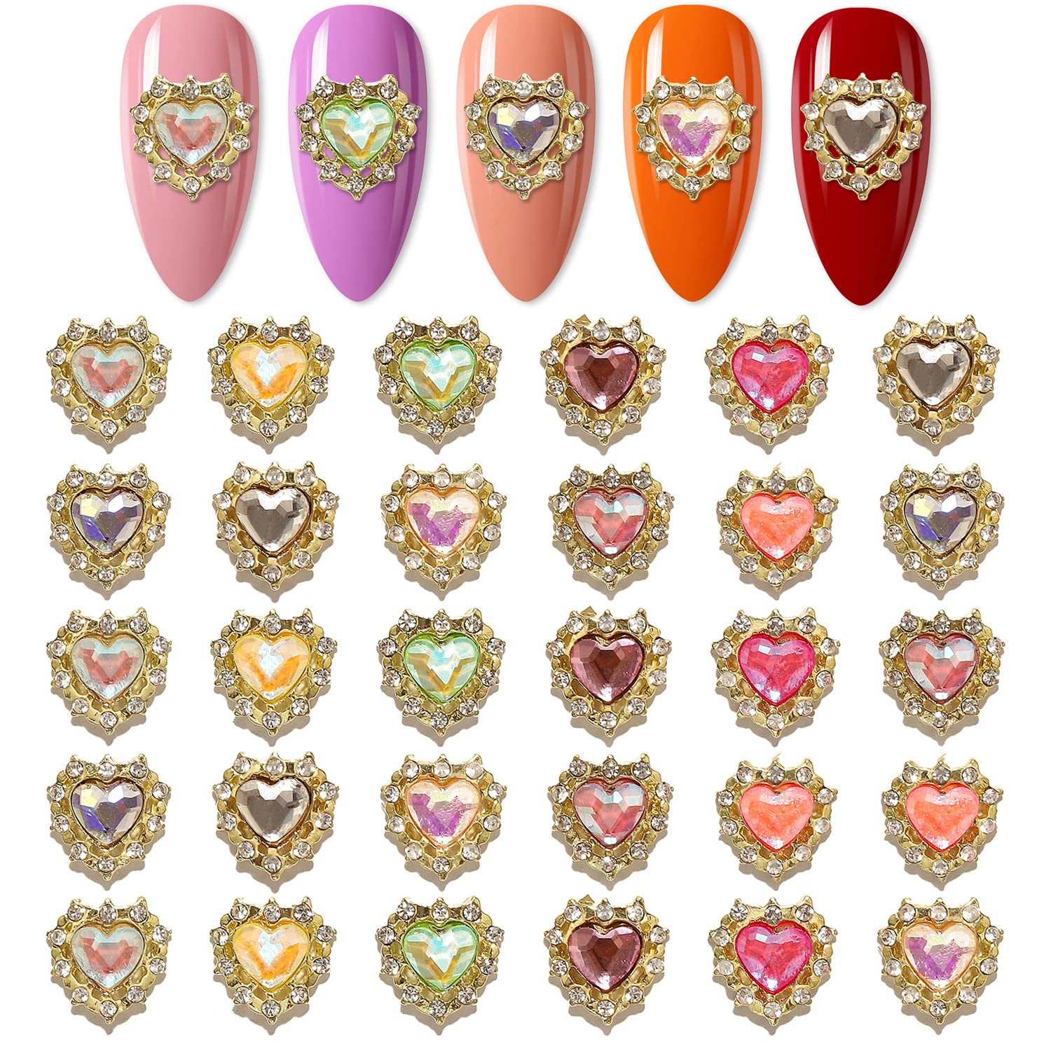 30pcs 3D Heart Nail Charms - Gold Alloy Rhinestone Crystal Diamond Nail Art Decorations for DIY Manicure, Nail Salon & Party Nail Jewelry Accessories