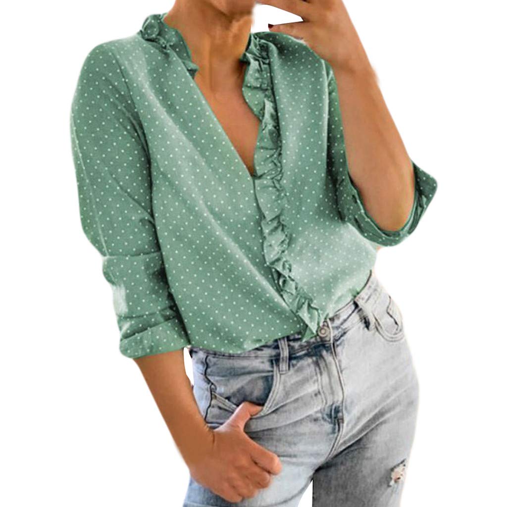 Women's Cotton V-Neck Long Sleeve Blouse with Wave Point Print - Elegant Tunic Top for Work, Office & Casual Wear