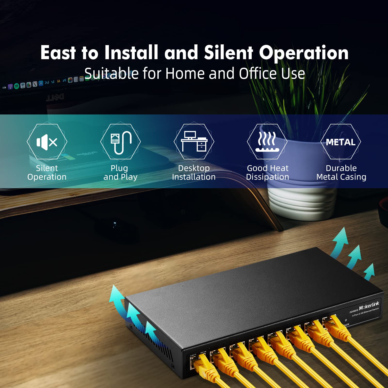 MokerLink 8-Port 2.5G Ethernet Switch - 8 x 2.5GBASE-T Ports, 10/100/1000Mbps Compatible, Metal Unmanaged Fanless Network Switch for Home Office, Gaming & Media Streaming