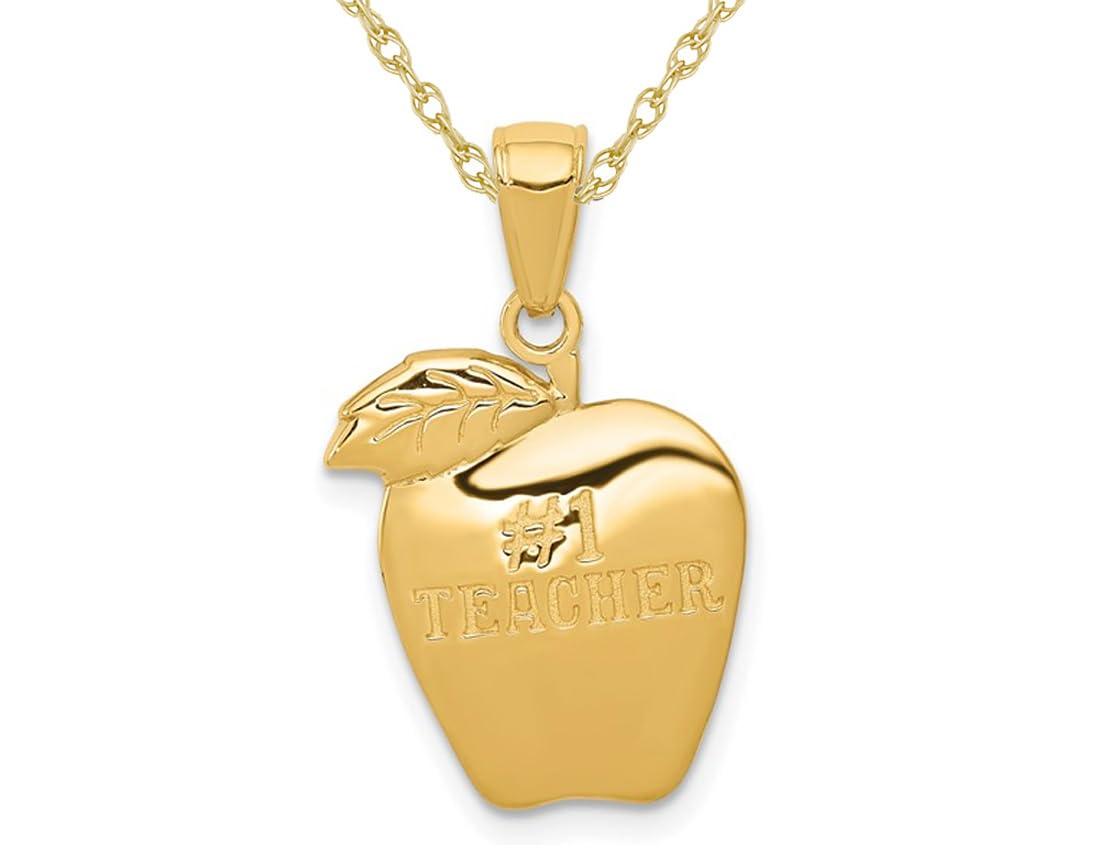 14K Yellow Gold Apple Teacher Charm Pendant Necklace with Chain - Perfect Gift for Educators, Graduation, Back to School & Teacher Appreciation Day
