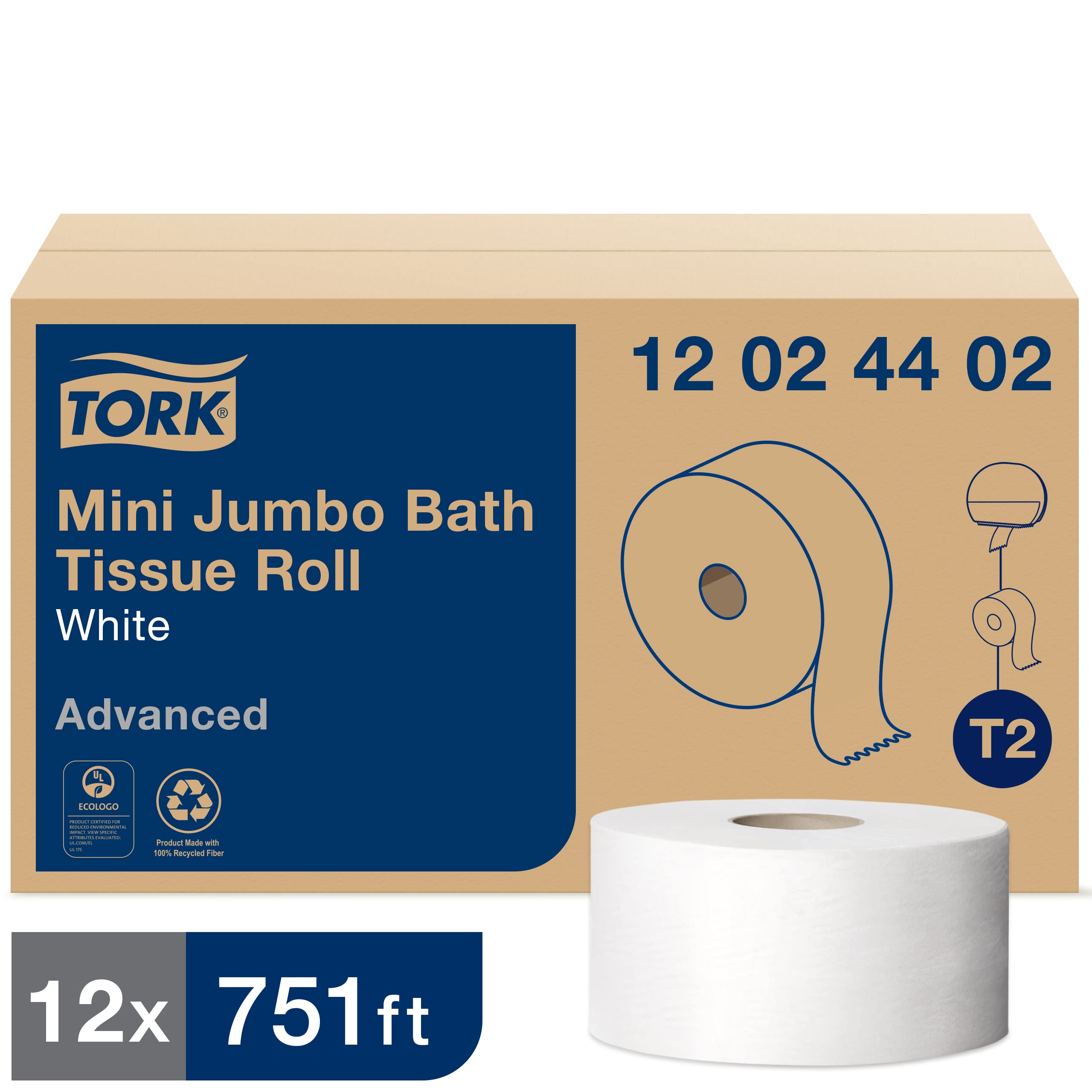 Tork Twin Mini Jumbo Toilet Paper Dispenser with Refill - Black T2 & White Advanced Mini Jumbo Bath Tissue Roll (12 x 751 Sheets) - Ideal for Home, Office & Commercial Restrooms