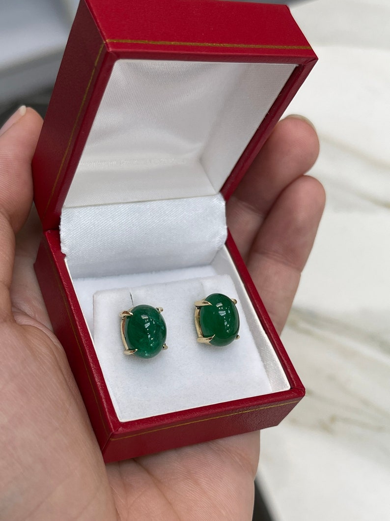 10.90tcw Dark Forest Green Emerald Cabochon Oval Cut 14K Gold Earrings for Women – Elegant Jewelry Gift for Wedding, Party & Special Occasions