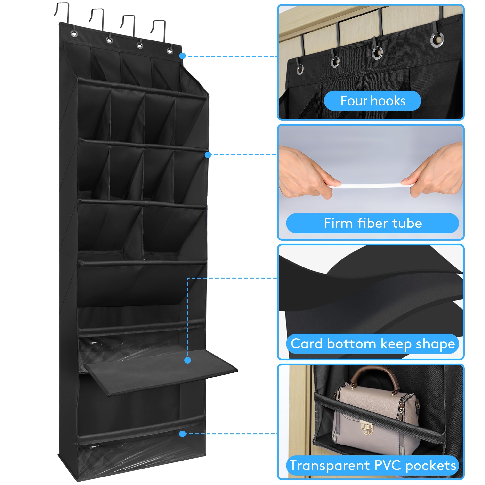 Over The Door Shoe Organizer with 16 Large Deep Pockets - Space Saving Hanging Shoe Rack for Narrow Doors - Multifunctional Storage for Dorm, Closet, Bedroom & Entryway - Black (Perfect for Small Spaces & Apartment Living)