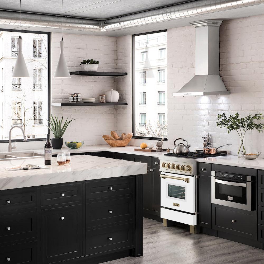 ZLINE Autograph Edition 24-inch 2.8 cu. ft Dual Fuel Range - Stainless Steel Gas Cooktop with 4 Burners & Electric Convection Oven - White Matte Door & Polished Gold Accents (RAZ WM 24 G) | Perfect for Modern Kitchens, Home Chefs & Luxury Appliance Upgrades
