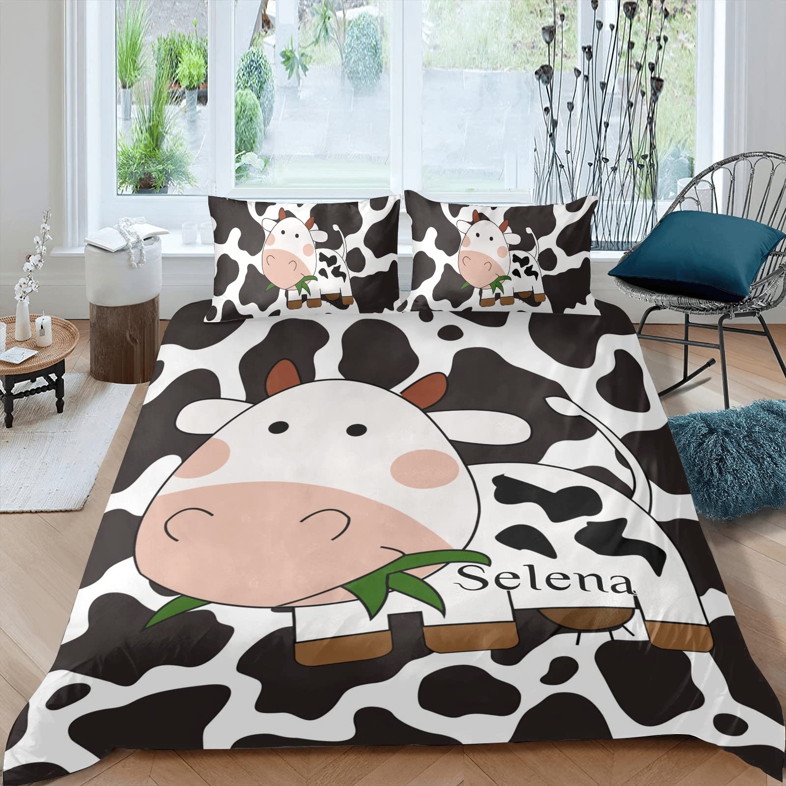 Custom Name Animal Cow Print Duvet Cover Set - King Size Fleece Bedding with 2 Pillowcases (No Comforter Included) - Perfect for Kids' Rooms, Farmhouse Decor & Cozy Bedroom Makeovers