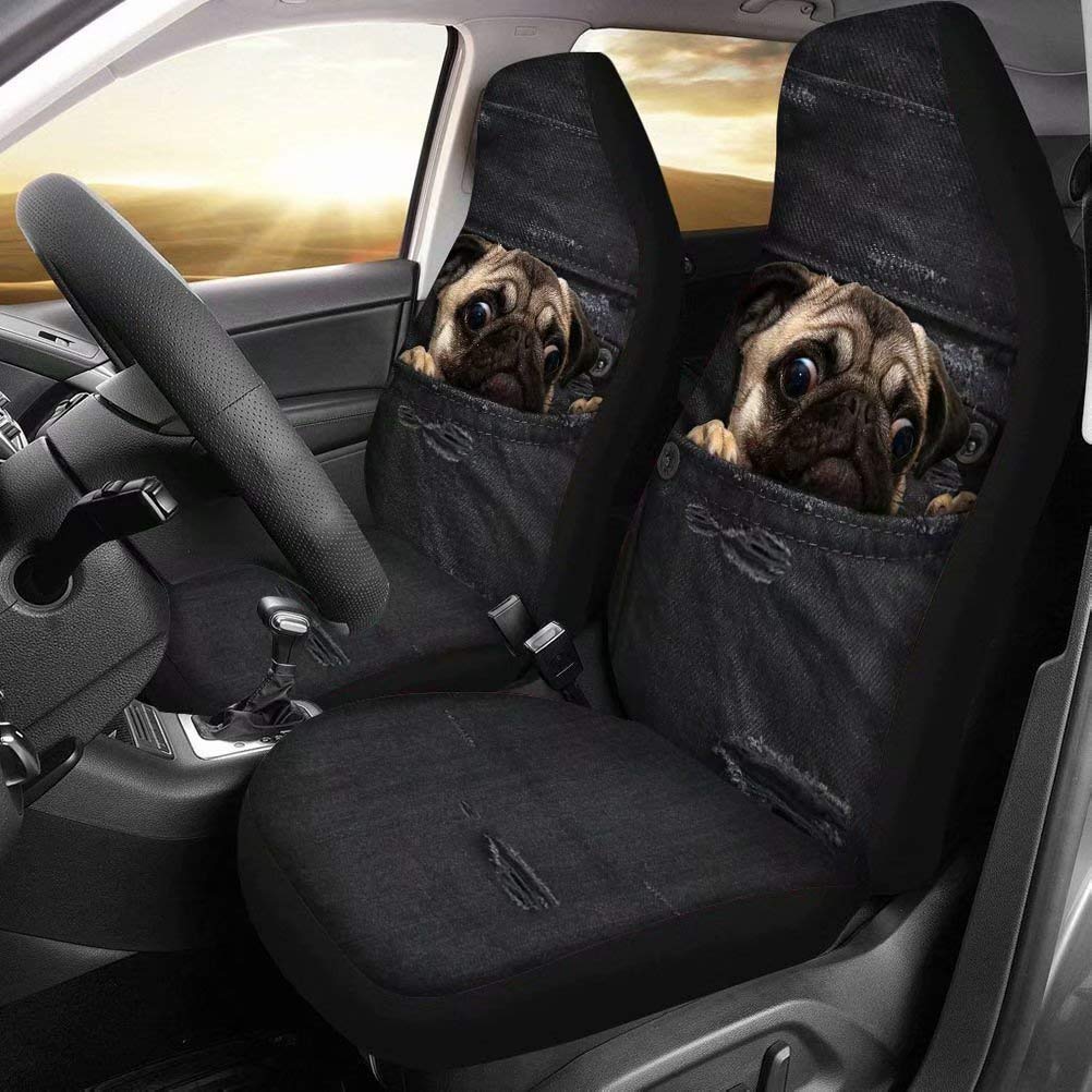 Dellukee Soft Pug Print Universal 2-Piece Front Car Seat Covers - Fits Most Cars, Trucks, SUVs & Vans | Waterproof & Non-Slip Protection for Pets, Kids & Daily Commute