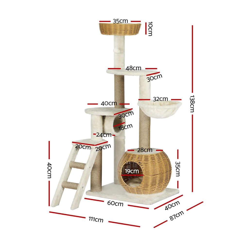 138cm Modern Rattan Cat Tower with Scratching Post & Condo - Multi-Level Cat Tree for Indoor Cats - Perfect for Play, Rest & Climbing in Home or Office