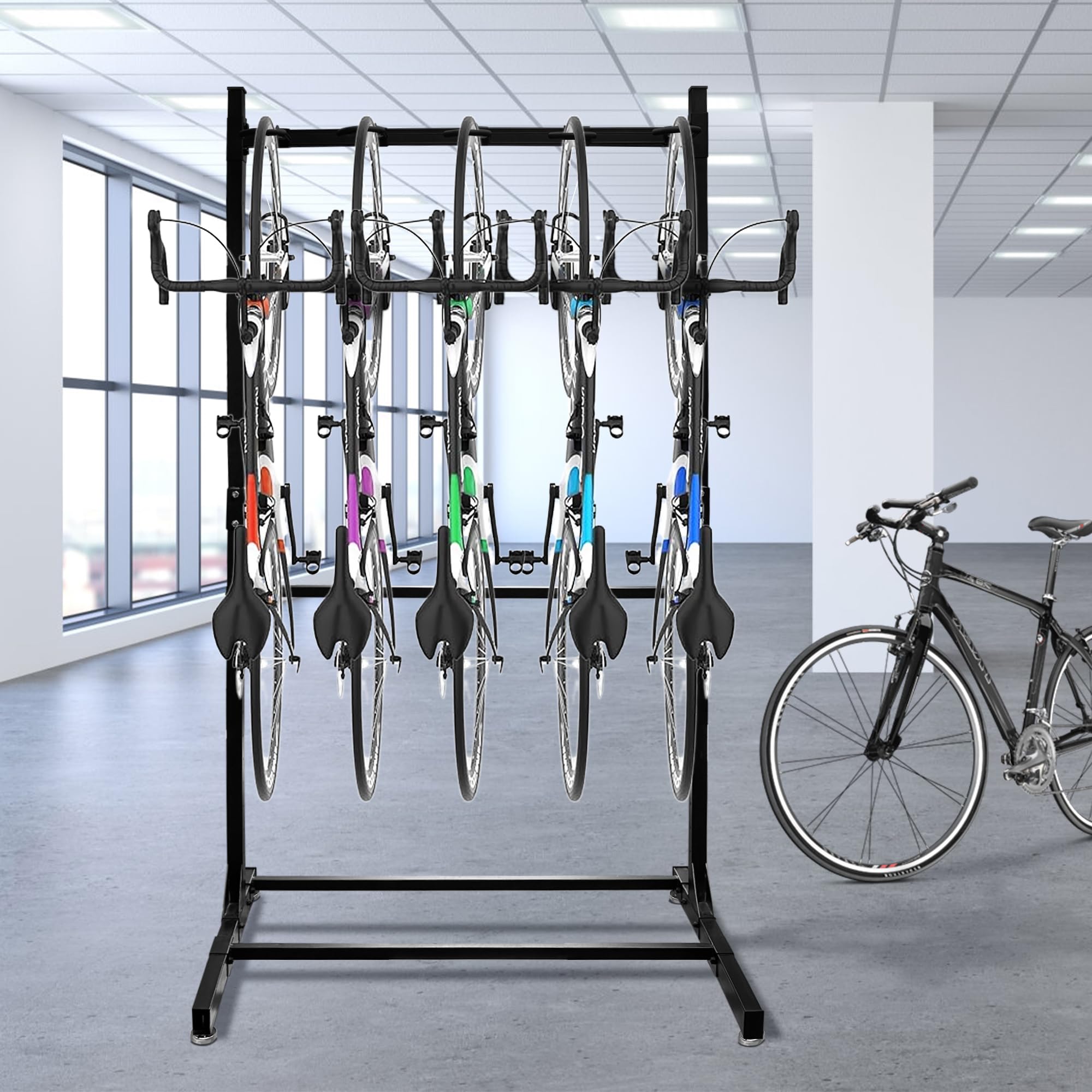 Royxen Freestanding Bike Rack for 5 Bikes - 400 lbs Capacity Heavy Duty Garage Storage Solution for Indoor & Outdoor Use - Perfect for Home, Apartment, and Backyard Organization