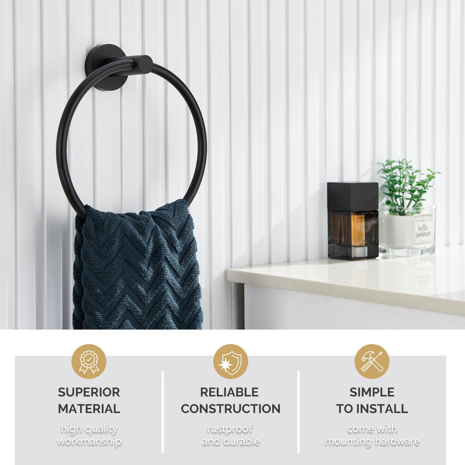 Matte Black Stainless Steel Towel Ring - Wall Mounted Bathroom Hand & Face Towel Holder for Modern Homes - Perfect for Bathrooms, Kitchens, and Powder Rooms
