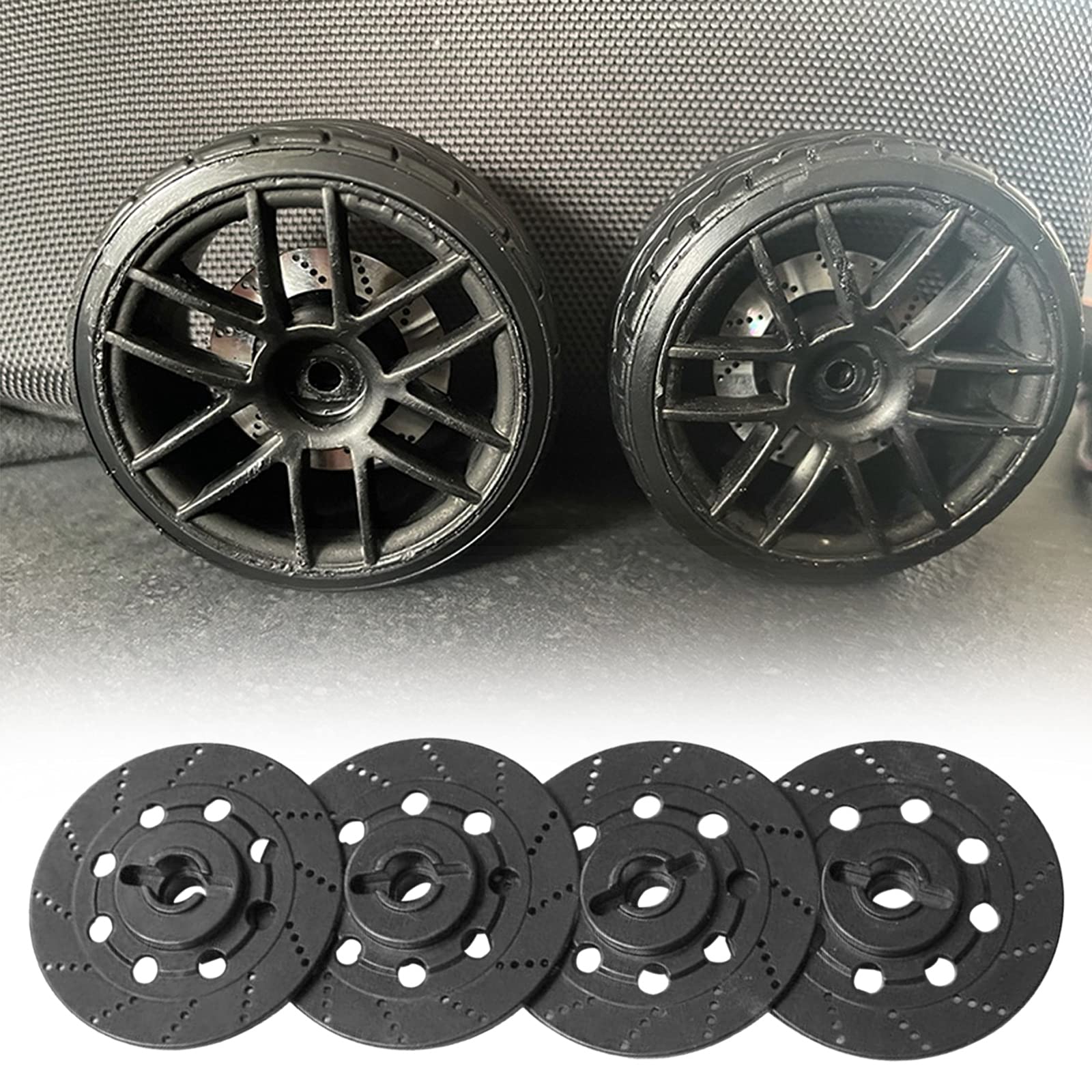 Kingsea 4pcs Alloy Metal RC 12mm Hex Hub Wheel Tires with Brake Disc - Compatible with Tamiya On-Road Racing Cars - High Performance Black Tires for Drift, Speed & Competition Use