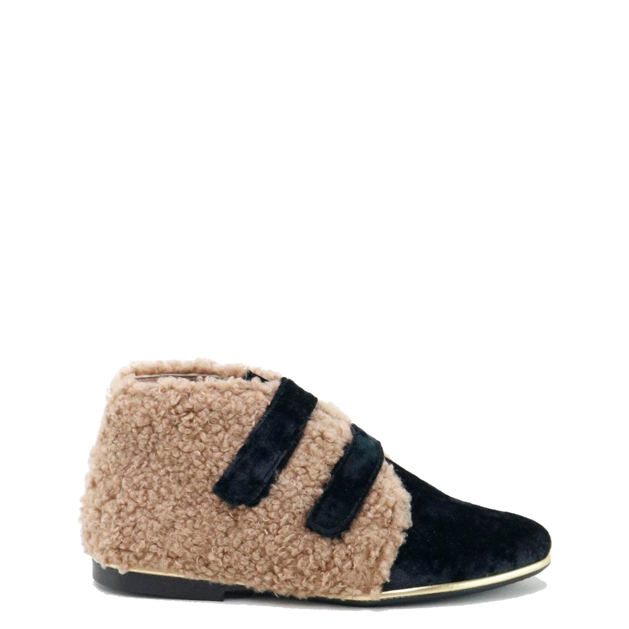 Black Velvet & Shearling Velcro Booties for Women - Cozy Winter House Slippers with Non-Slip Sole - Perfect for Indoor Comfort, Lounge Wear & Gift Giving