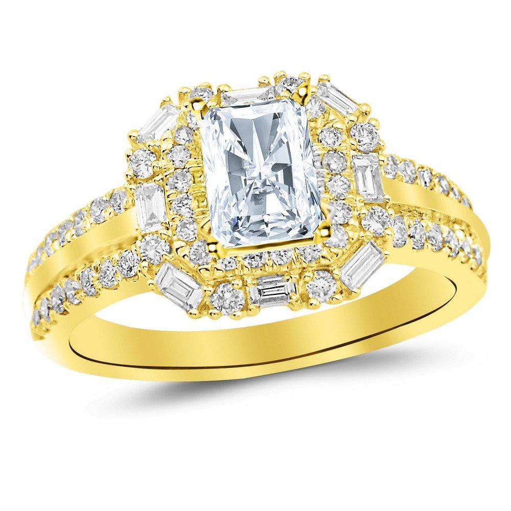 1.75 Carat Radiant Cut Double Row Baguette & Round Halo 14K White Gold Diamond Engagement Ring (H-I Color, I1-I2 Clarity, 1 Ct Center Stone) - Perfect for Proposals, Weddings & Anniversary Gifts