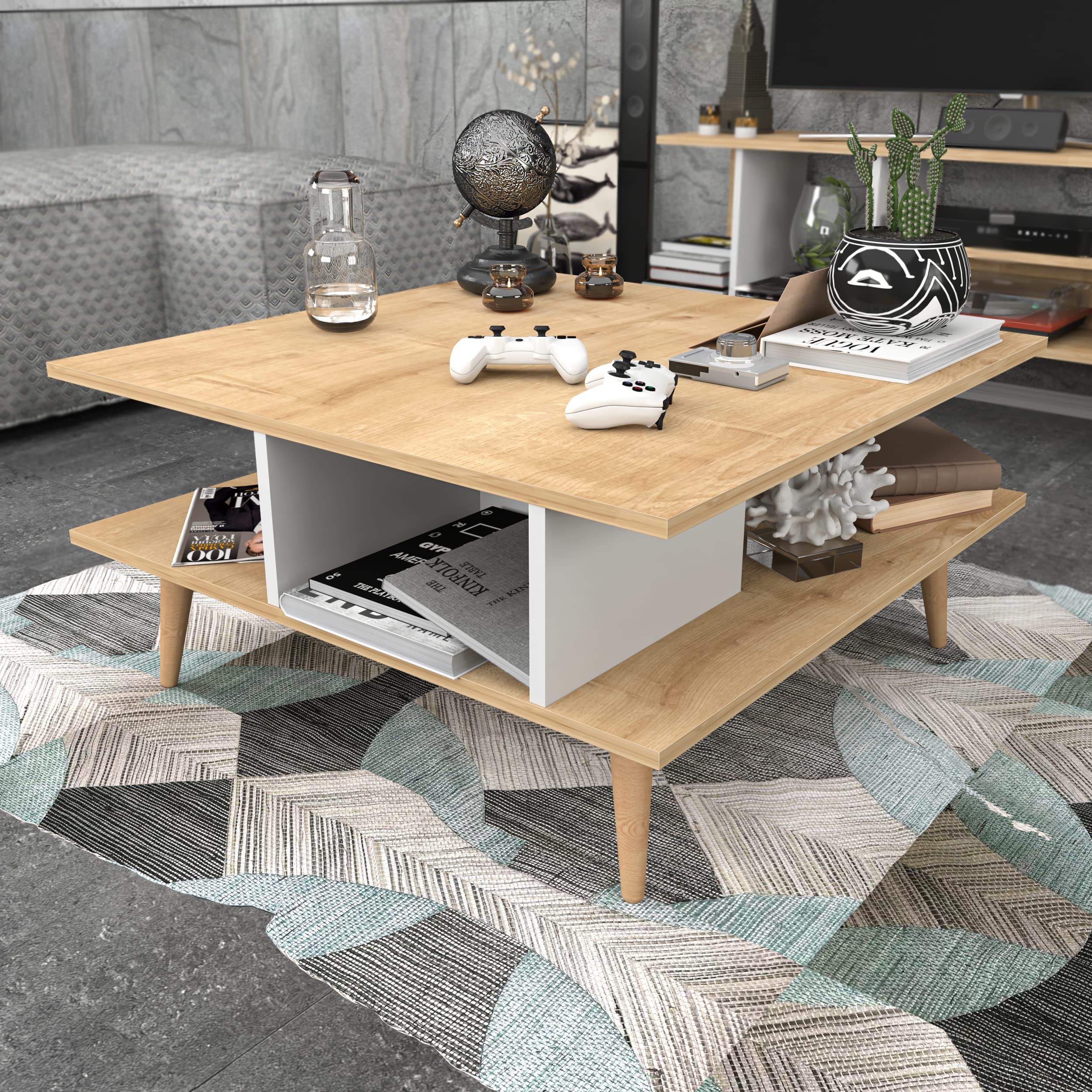 Decorotika Akya Solid Oak Coffee Table - Modern Wooden Living Room Furniture for Home Decor, Sofa Table, Center Table, and Lounge Use