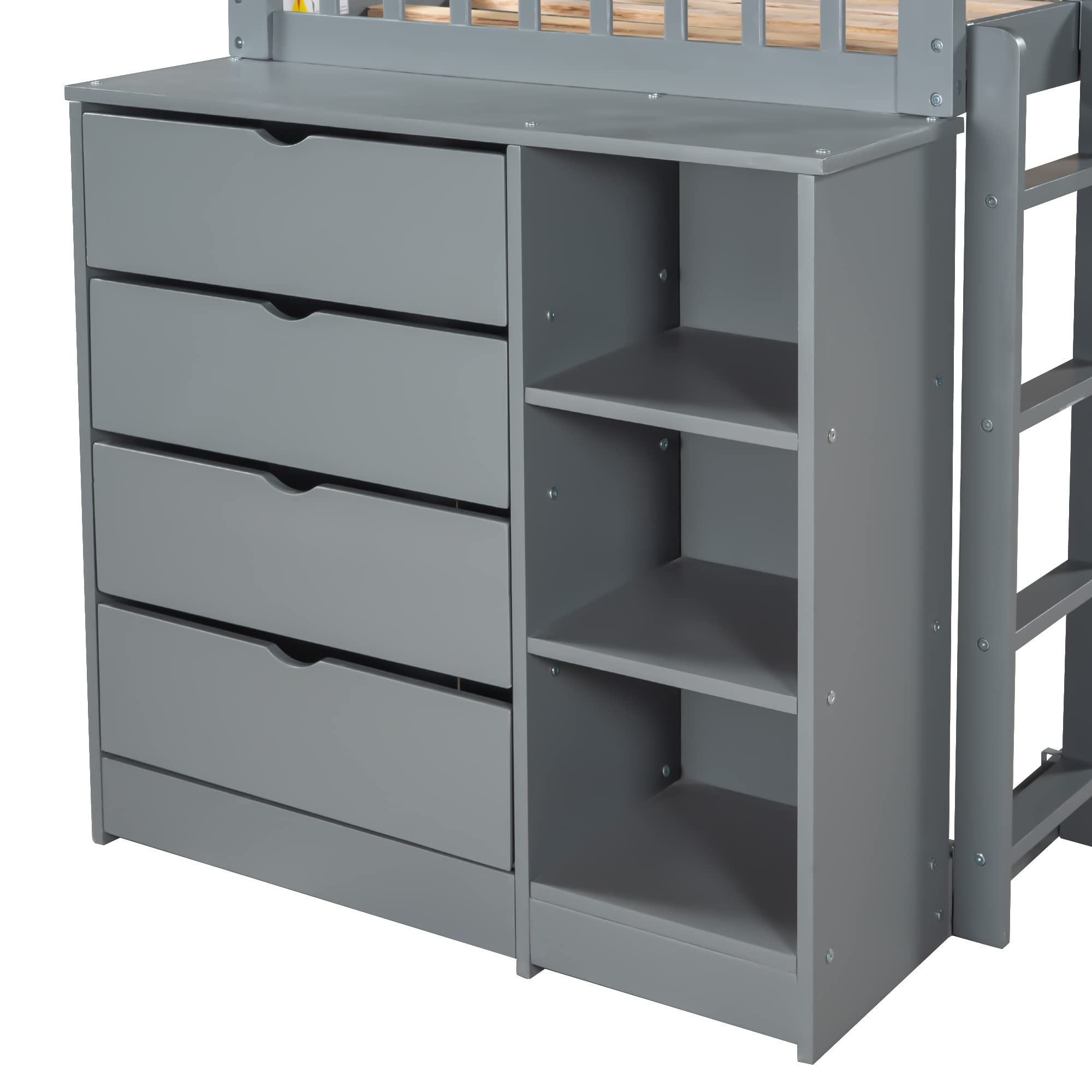 Twin Over Twin Solid Wood Bunk Bed with Cabinet & Shelves - Low Loft Bed Frame with Ladder & Guardrails for Kids, Teens & Adults - Multi-Functional Storage Space (Gray) - Perfect for Small Bedrooms, Dorms & Guest Rooms