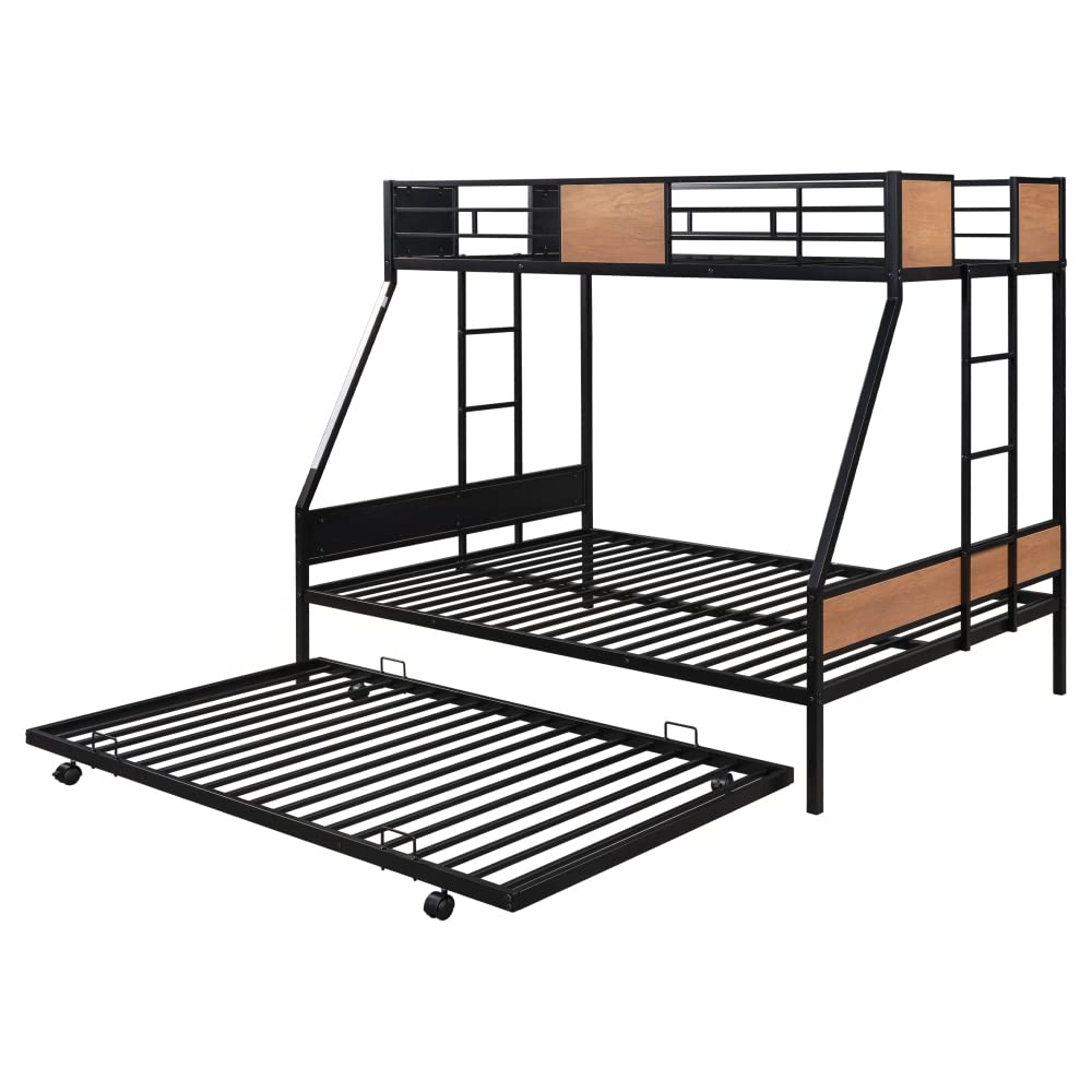 Metal Twin Over Full Bunk Bed with Trundle - Wooden Safety Guardrails & Dual Ladders - Space-Saving Black Bed Frame for Kids, Teens & Guest Rooms - Perfect for Small Bedrooms, Dorms & Vacation Homes