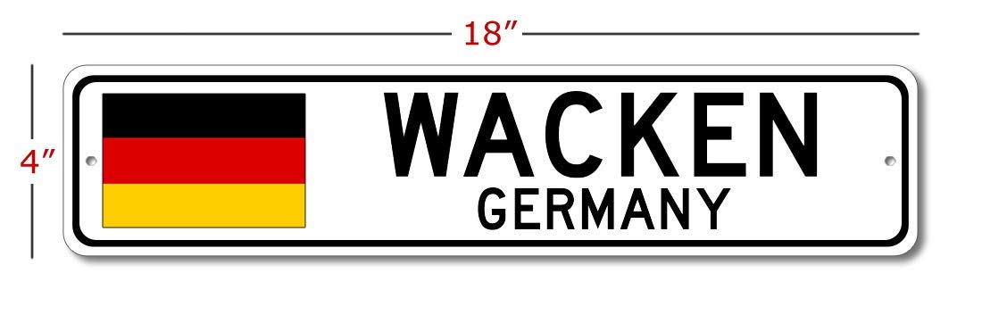 Wacken Germany Metal Street Sign - 4x18 Inch German Flag Bar Pub Wall Decor, Personalized Man Cave Sign, German City Novelty Sign for Home, Office & Outdoor Use