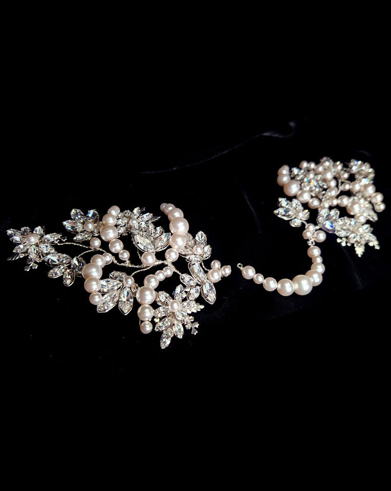 Elegant Bridal Headpiece with Crystal Navette Leaves & Flowers – Statement Pony Vine Hair Accessory by Kezani | Perfect for Weddings, Bridal Showers & Special Occasions