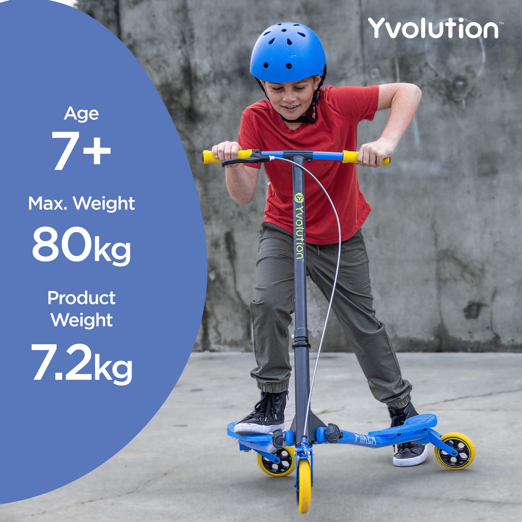 Yvolution Fliker A3 Drift Scooter - 3 Wheel Wiggle Scooter for Kids Ages 7+, Foldable Design with Handbrake & Caster Wheels, Supports Up to 175lbs - Perfect for Outdoor Fun, Commuting & Neighborhood Rides for Boys & Girls