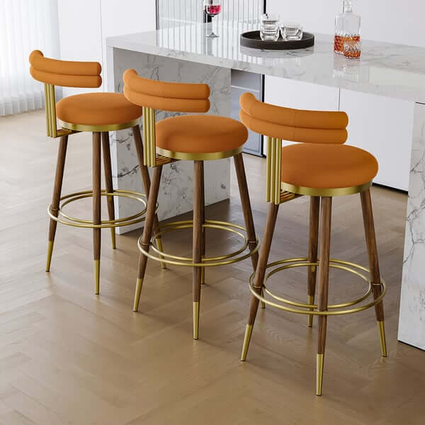 Mid Century Modern Orange Bar Stools with Backrest - Set of 2 Velvet Upholstered Counter Height Stools for Kitchen Island, Breakfast Bar & Home Decor