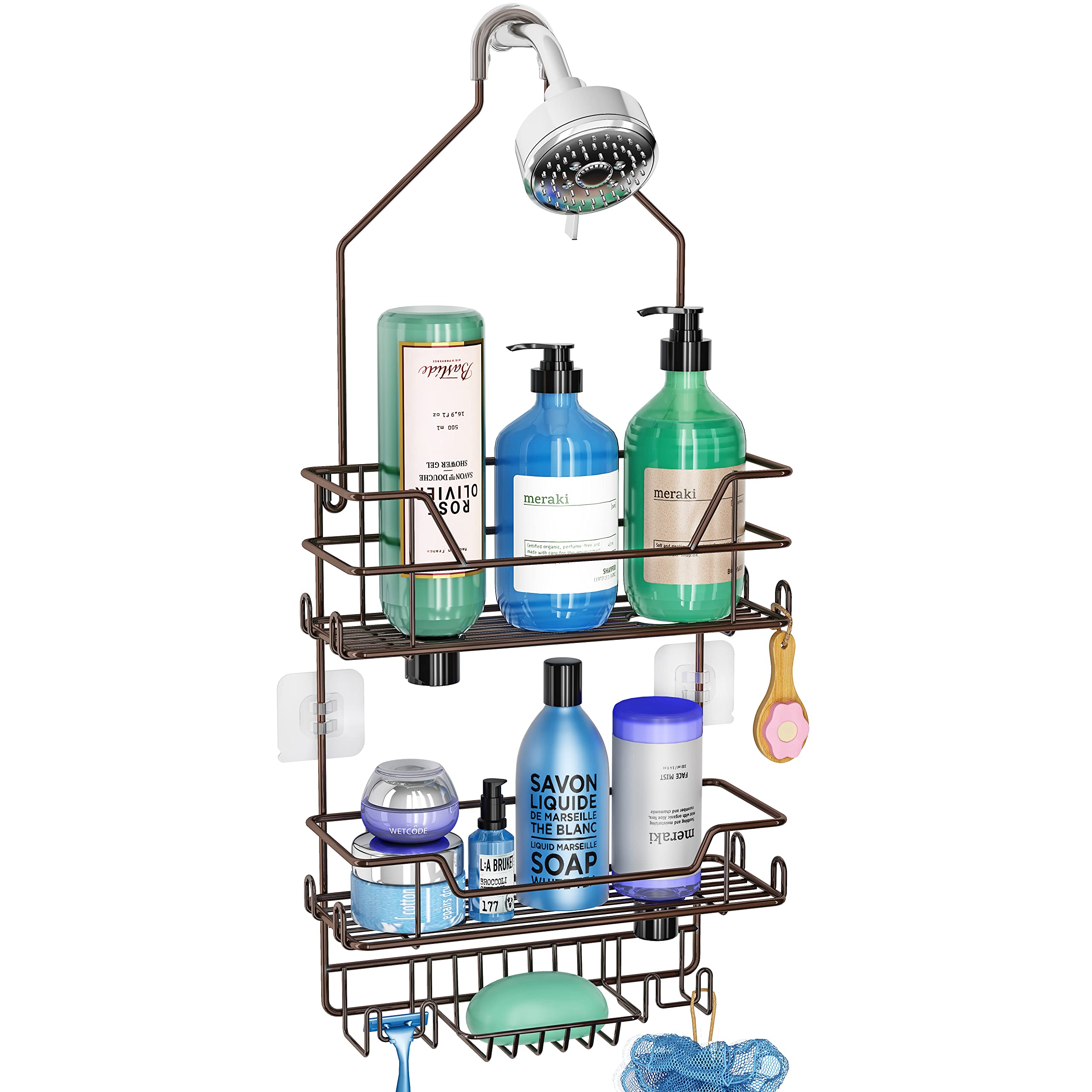 Bronze Over-the-Shower Head Caddy - Hanging Shower Organizer with Hooks for Razor & Bath Accessories | Space-Saving Shampoo Holder & Storage Rack for Small Bathrooms (Perfect for Apartments & Dorms)