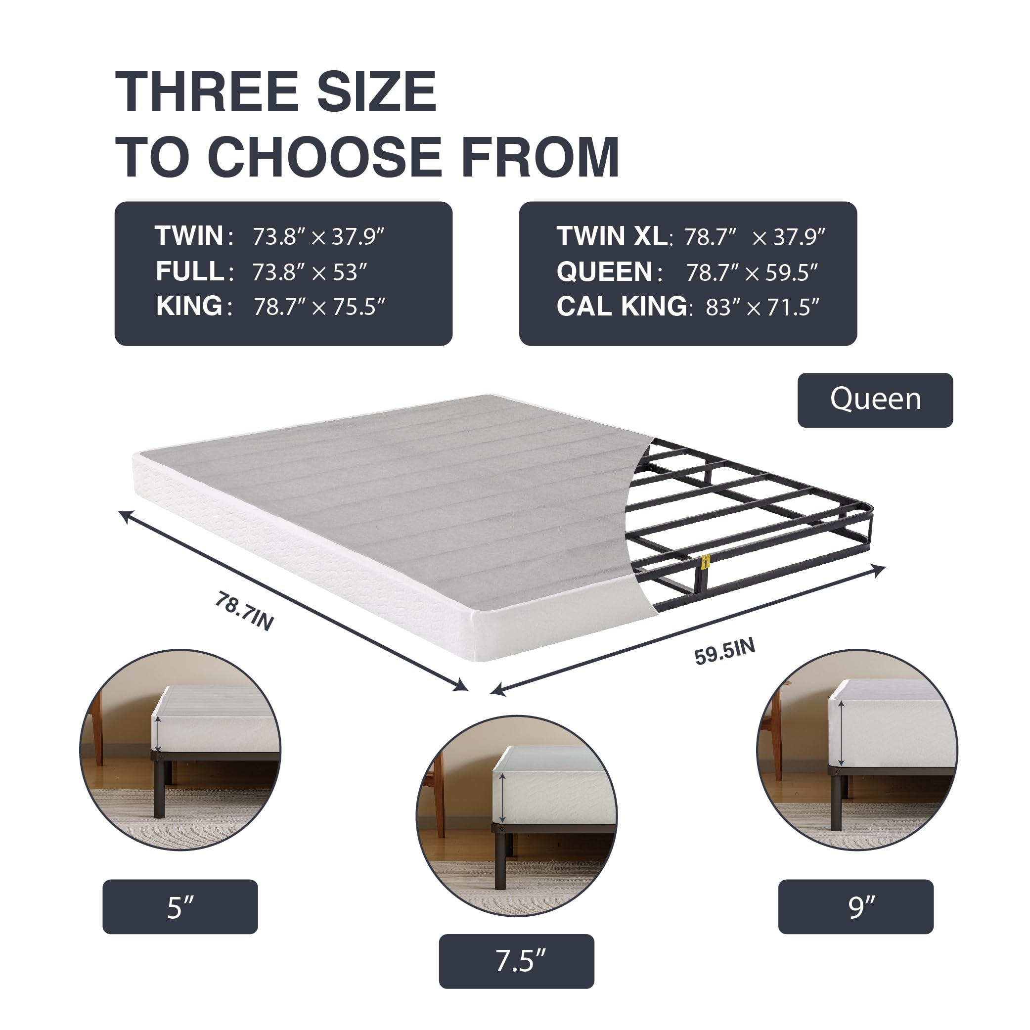 5 Inch Queen Size Box Spring with Fabric Cover - Sturdy Mattress Foundation with Strong Steel Frame - Easy Assembly for Bedroom, Guest Room & Dorm Use