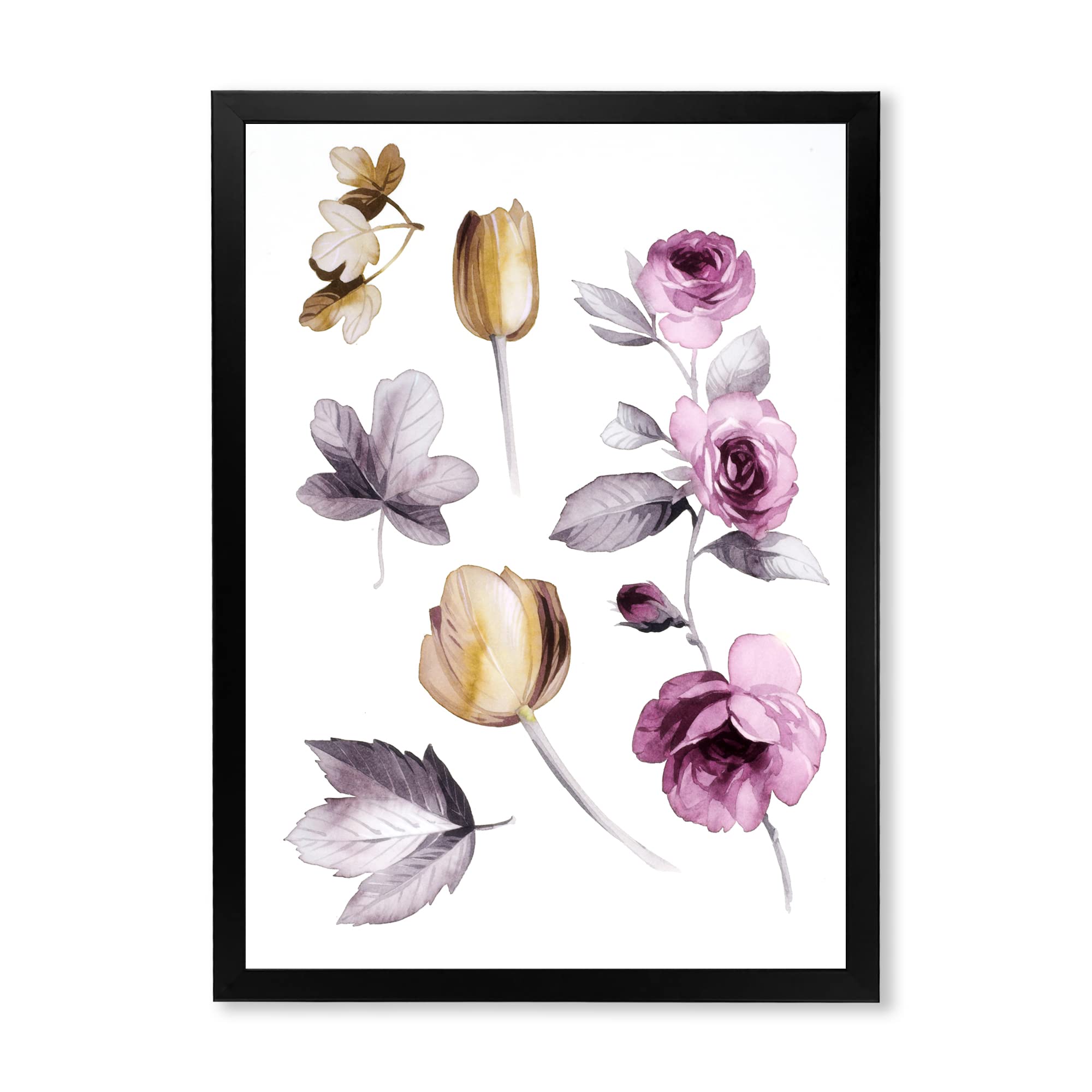 DesignQ Pink and Orange Wildflowers Traditional Framed Wall Art - Vintage Floral Canvas Painting for Living Room, Bedroom & Office Decor