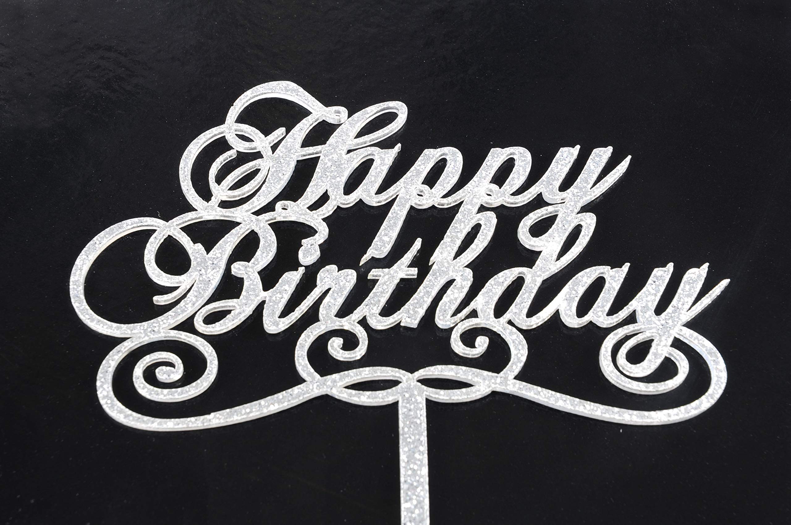 Silver Glitter Happy Birthday Cake Topper - Elegant Party Decor for Birthday Cakes, Wedding, Anniversary & Special Events - Perfect for DIY Cake Decorating and Celebration Parties