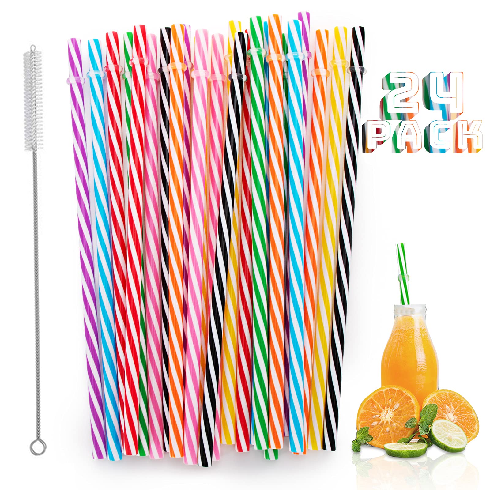 Reusable Plastic Straws 24-Pack with Brush for Bars, Cafes, Parties
