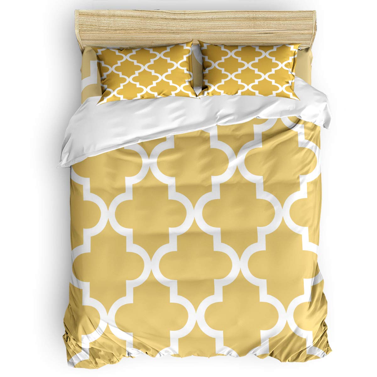 Premium Full Size Duvet Cover Set - Mustard Yellow Quatrefoil Pattern, 4-Piece Ultra Soft Bedding with Zipper Closure & Corner Ties, Durable Comforter Cover for Cozy Bedroom Decor | Perfect for Master Bedroom, Guest Room & Airbnb Stays