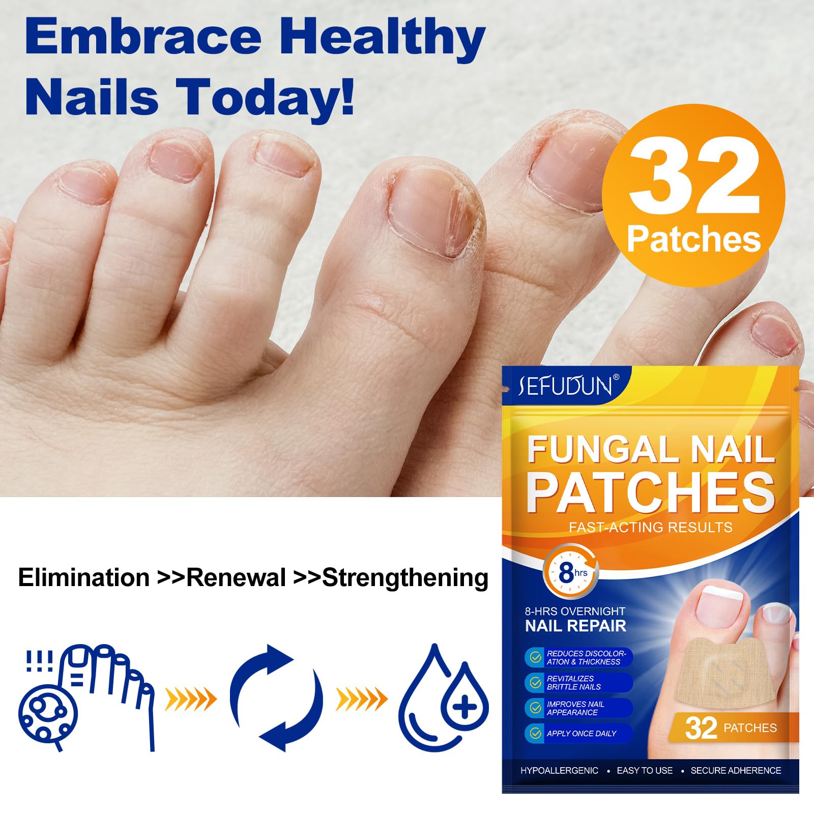 Toenail Fungus Treatment - 8 Hour Overnight Renewal Fungal Nail Patches (32 Count) - Effective Solution for Toenail Fungus Infection & Nail Repair - Perfect for Nighttime Use While Sleeping