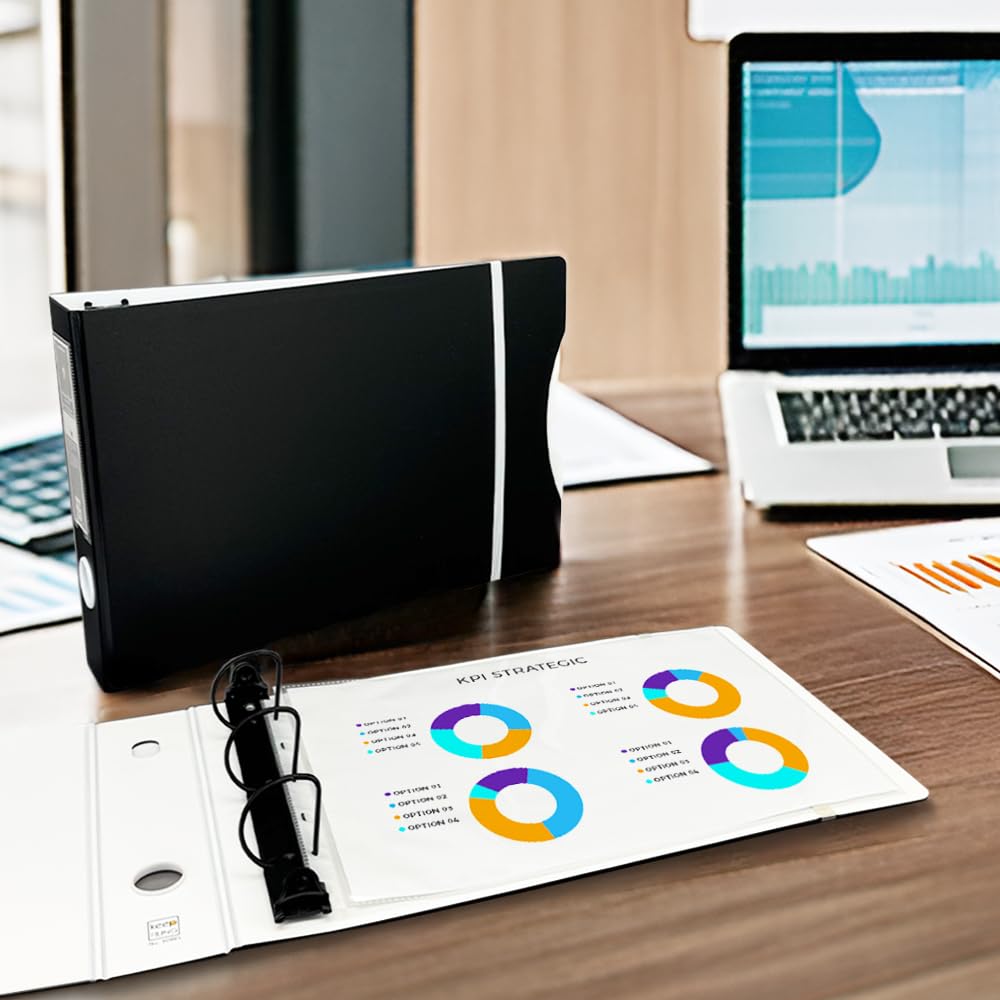 11x8.5 Inch Landscape Binder with 75 Matching Sheet Protectors - Heavyweight Archival Safe & Acid Free Black/White Binder - Perfect for Office Documents, School Projects & Presentation Materials