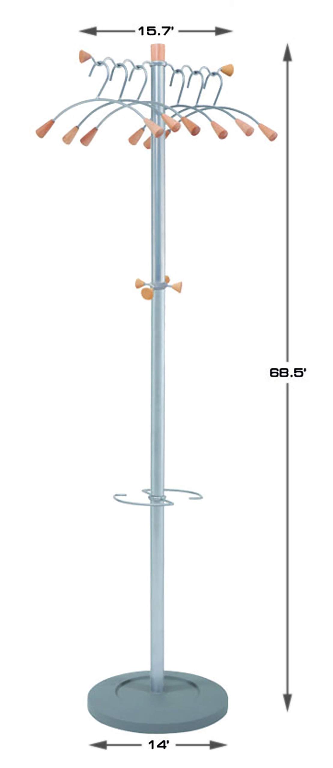PMWAVE Wavy Coat Tree - 6 Hangers, 2 Knobs & 4 Hooks - Silver Steel & Wood Design - Perfect for Entryway, Bedroom or Office Organization