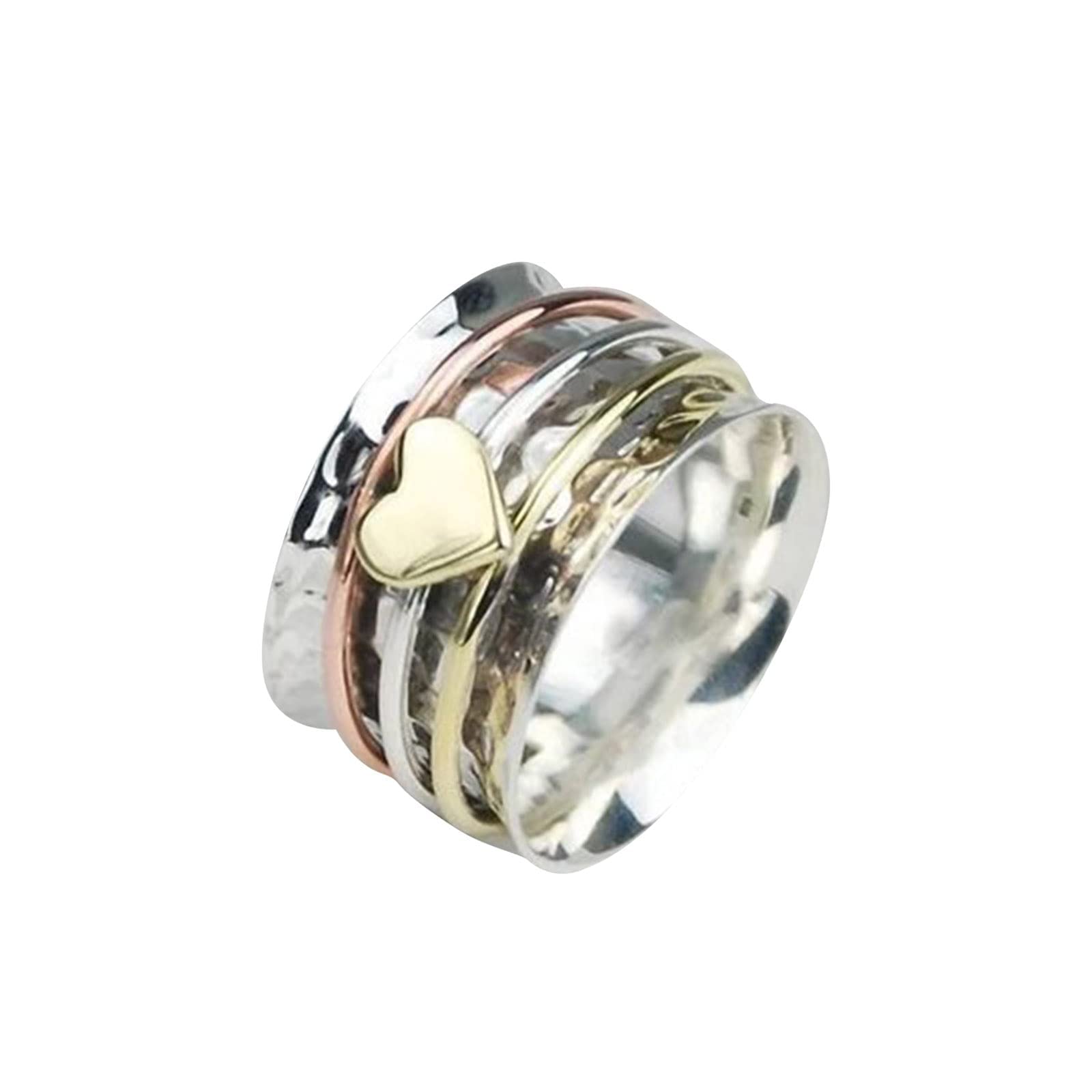 Self Love Spinner Heart Ring - Fashion Rotating Anxiety Relief & Meditation Spinner Ring for Women, Two-Tone Hammered Band - Perfect for Stress Relief, Mindfulness Practice, and Stylish Everyday Wear
