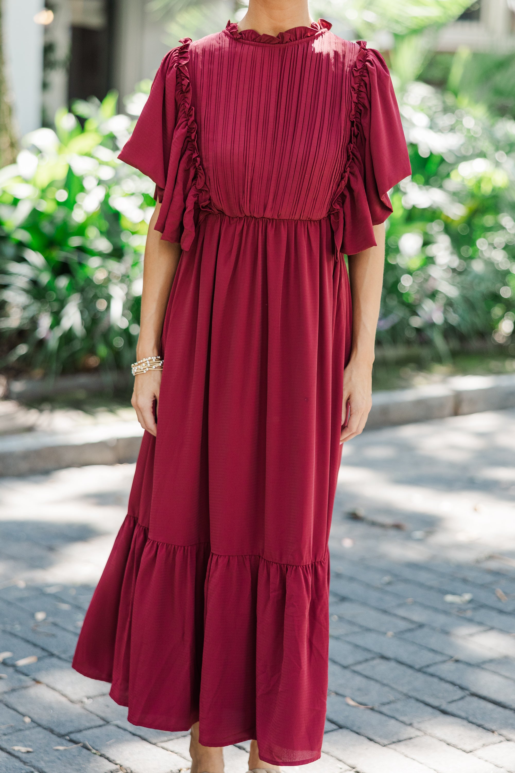 Burgundy Red Ruffled Midi Dress for Women - Elegant Flowy Party Dress with Floral Print | Perfect for Cocktail Parties, Weddings & Date Nights