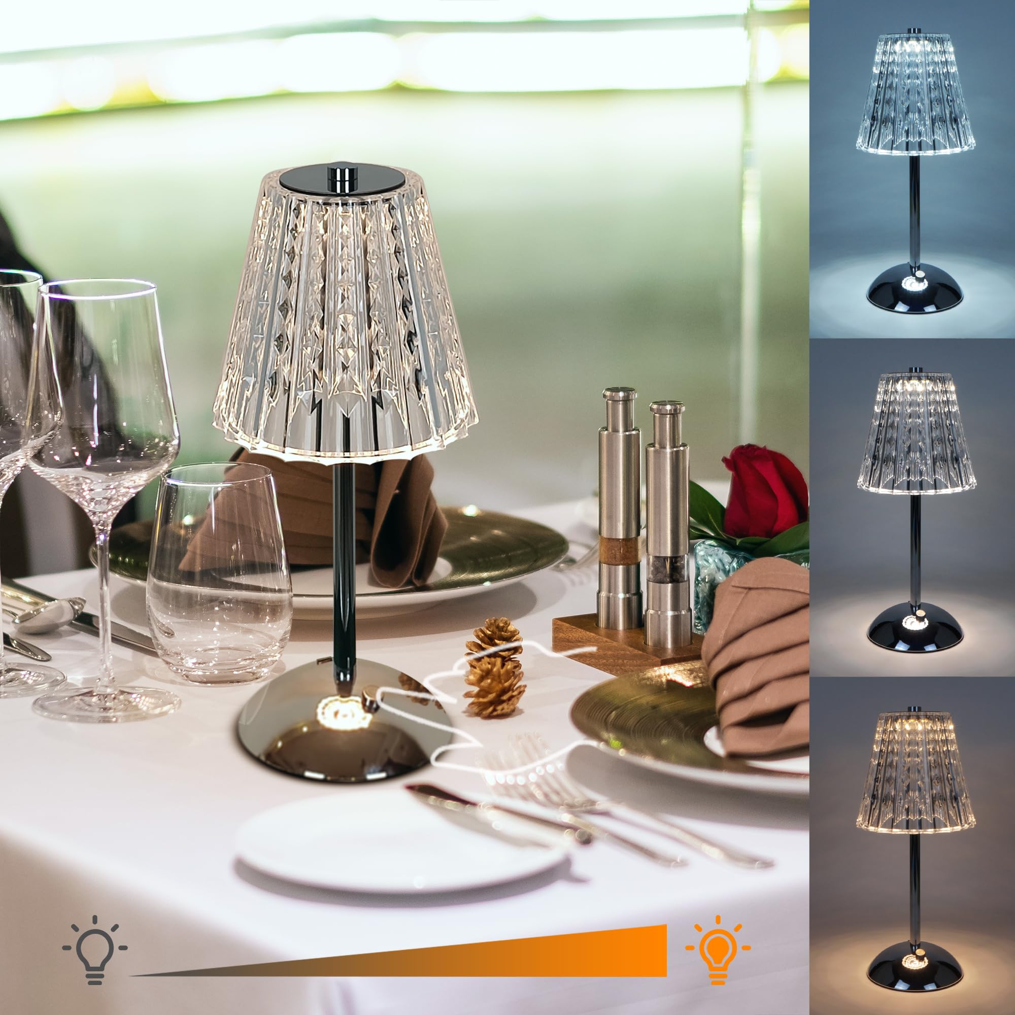 Amingulry Wireless Rechargeable Table Lamp - 3 Color Modes, Dimmable Touch Control, Stepless LED Lighting, Portable Crystal Metal Desk Lamp (Silver Fountain) for Bedroom, Living Room, Office & Nightstand Decor