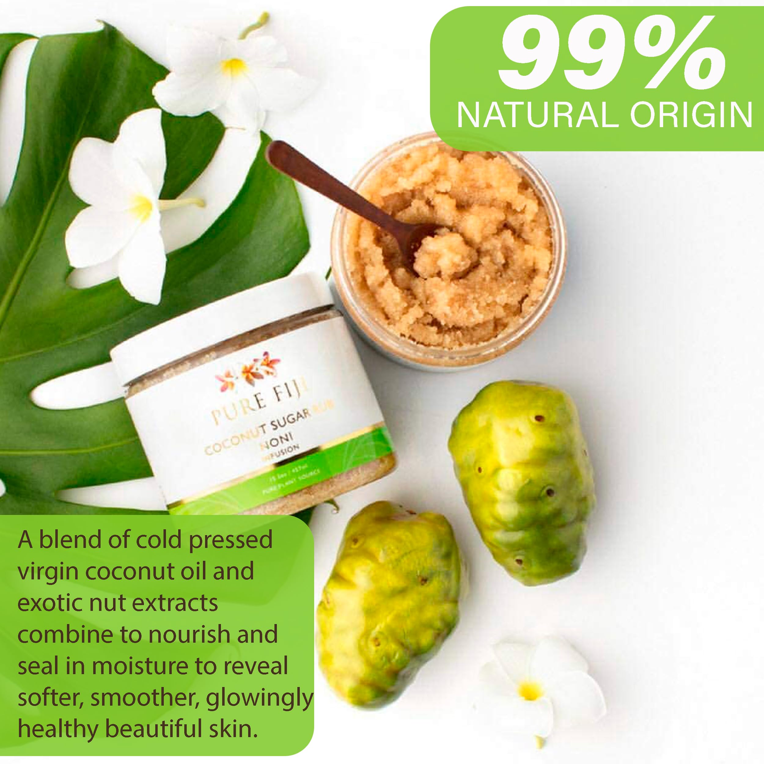 Pure Fiji Coconut Sugar Body Scrub - Organic Natural Exfoliator for Smooth Soft Skin - Noni Infused Body Polish (15.5 Oz) - Perfect for Spa Day, Dry Skin Treatment & At-Home Self Care