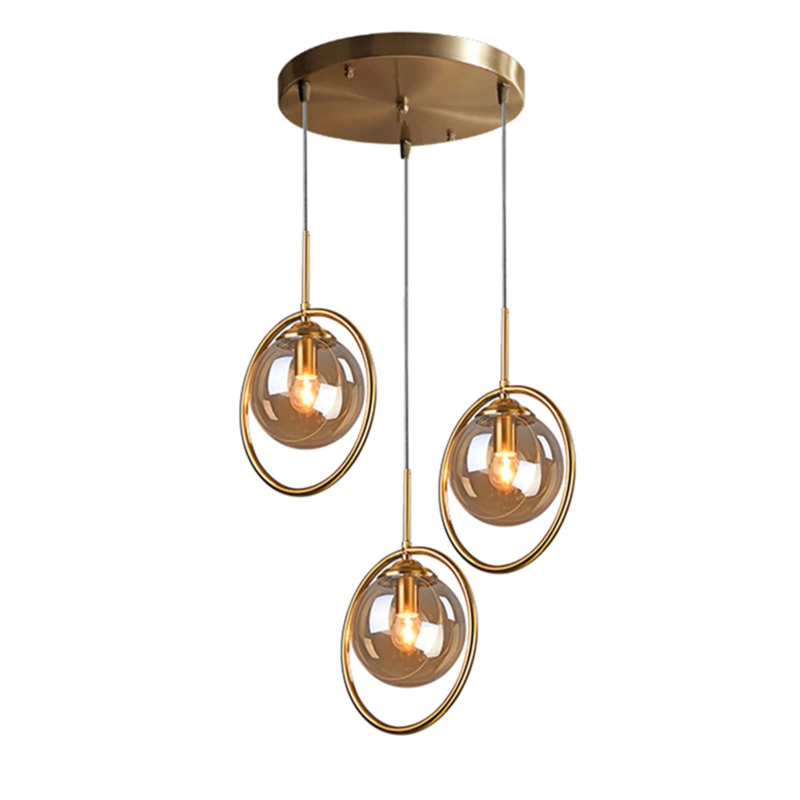 Vintage Industrial 3-Light Pendant Lighting Fixture - Brass Metal Ring with Glass Globe Shade, Retro Ceiling Hanging Lamp for Dining Room, Kitchen Island, Bar, or Living Room Chandelier (Amber)