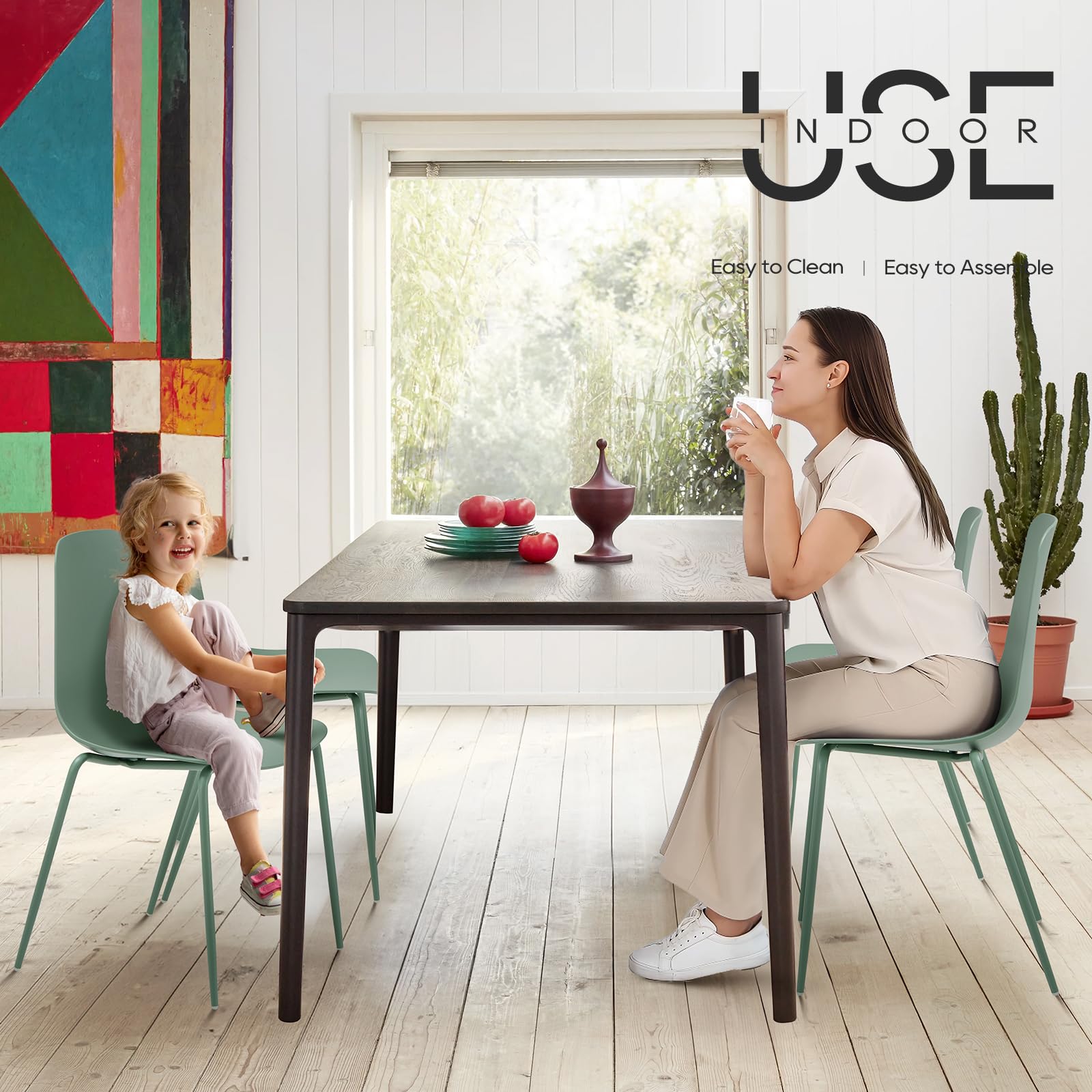 COLAMY Modern Dining Chairs Set of 4 - Stackable Plastic Kitchen Chairs with Sturdy Metal Legs for Indoor & Outdoor Use - Light Green - Perfect for Home, Restaurant, Bistro, Cafe and Patio Decor